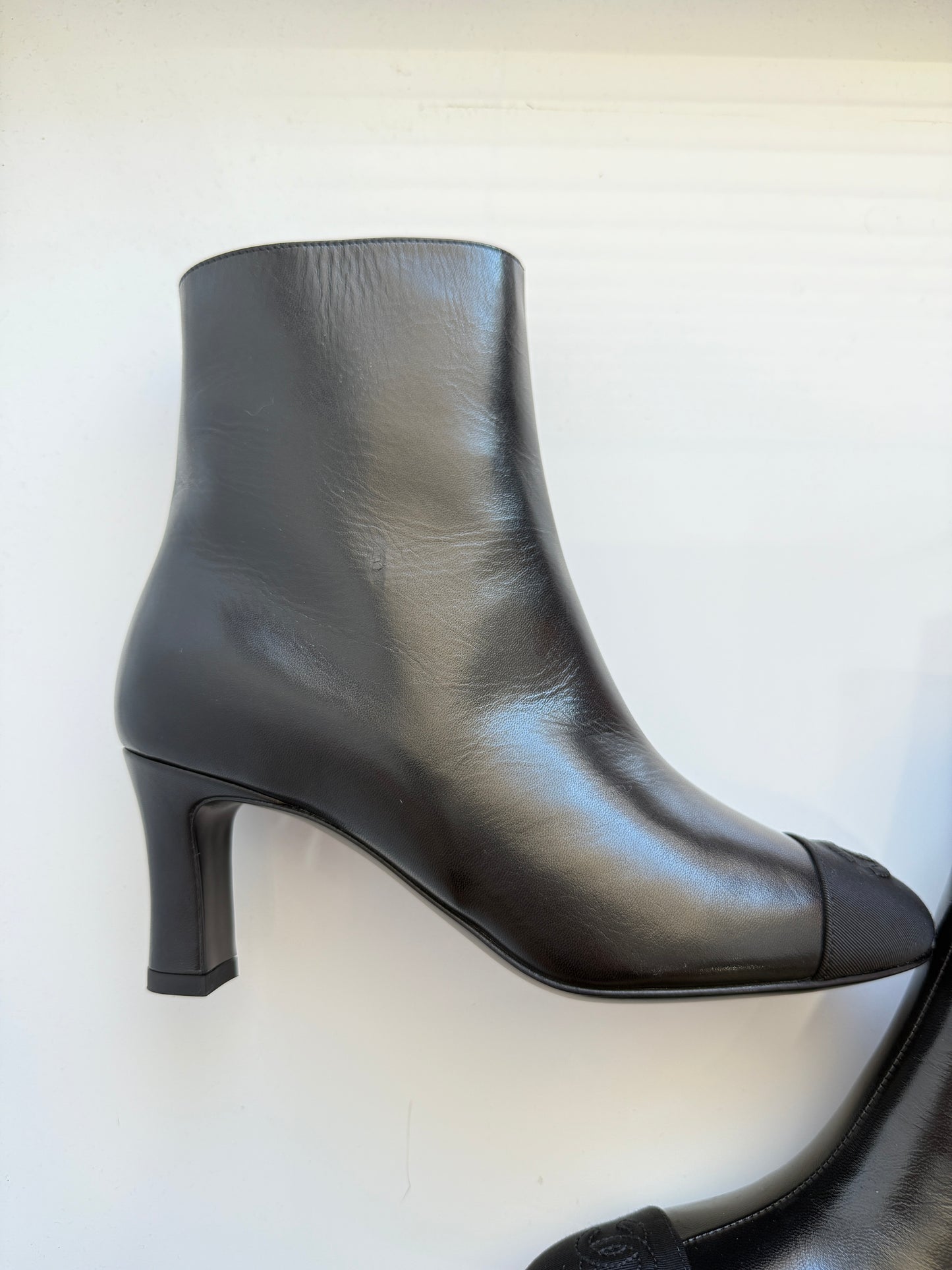 Chanel Black Lambskin Leather CC Logo Cap Toe Booties Ankle Boots Low Heel