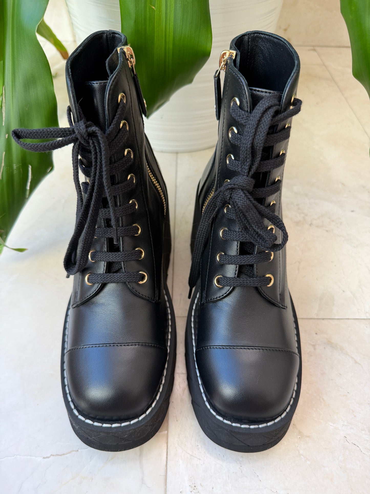 Chanel 2024 Platform Interlocking CC Logo Combat Wedge Lambskin Lace Up Ankle Boots