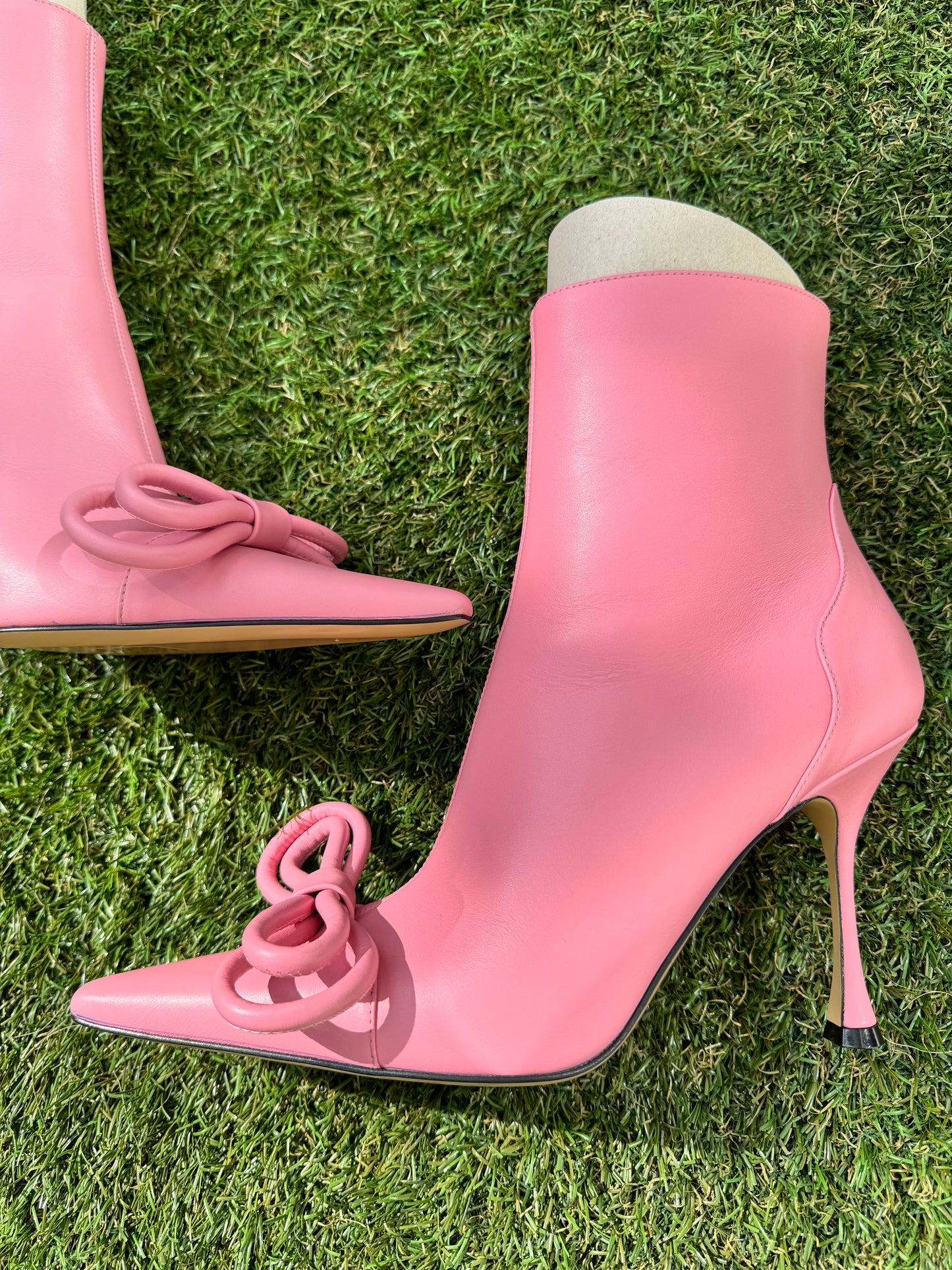 Mach & Mach Double Bow Pink Leather Pointed Toe Boots Booties