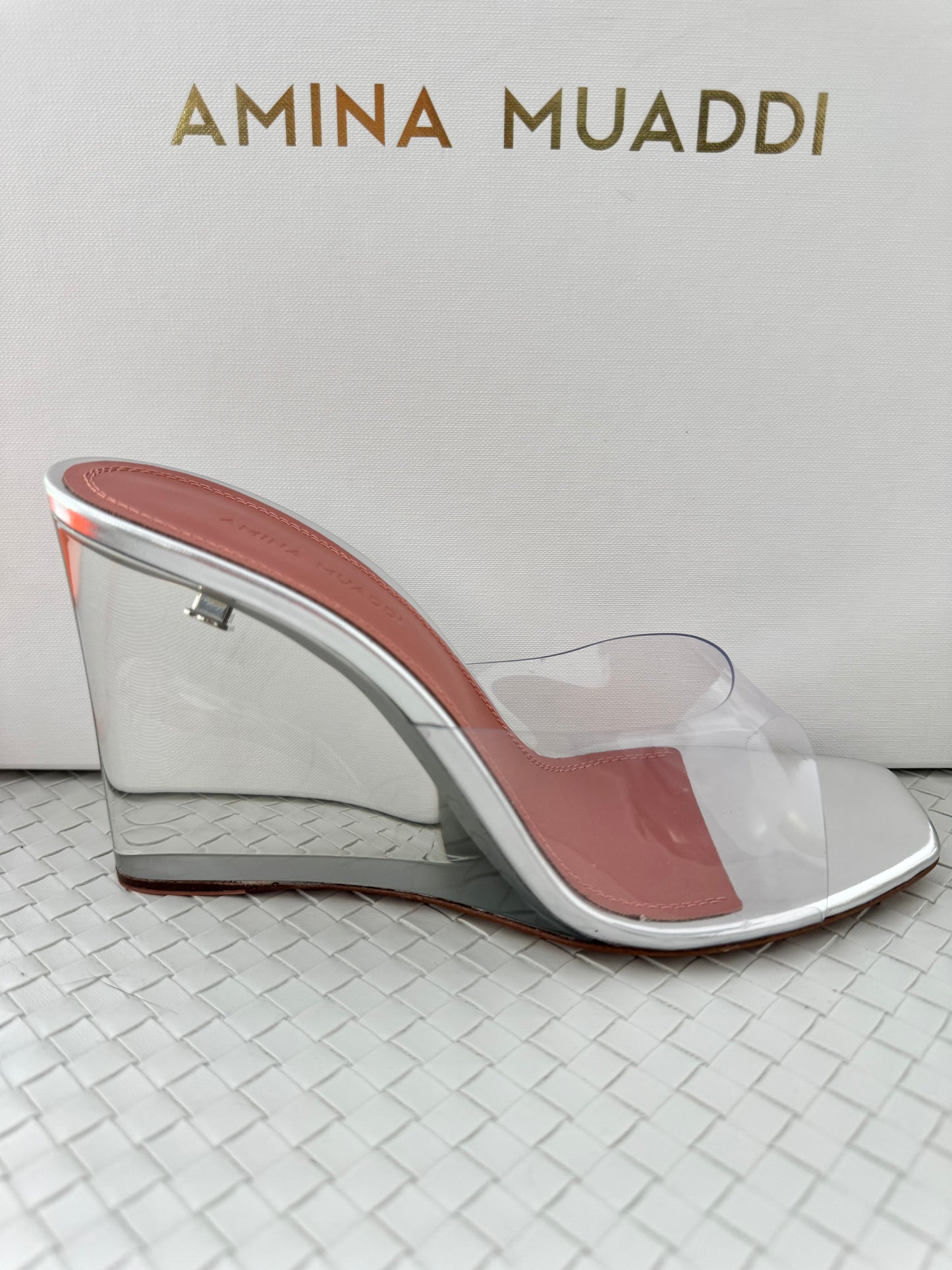 Amina Muaddi Lupita Glass Wedge PVC Clear Silver Mule Sandals Heel Shoes