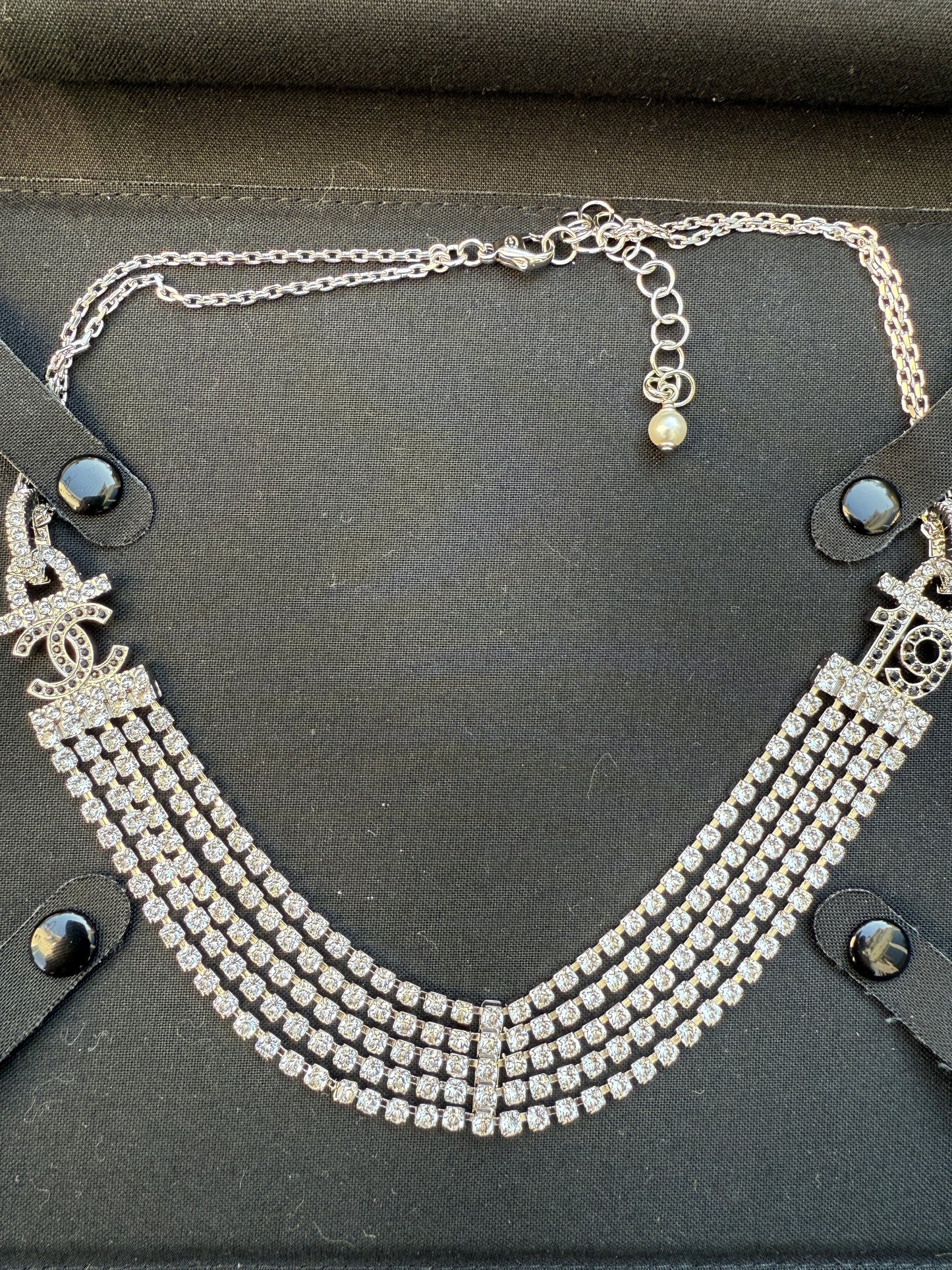CHANEL 2022A SILVER TONE CC 19 LOGO WHITE AND BLACK CRYSTALS NECKLACE CHARM CHOCKER