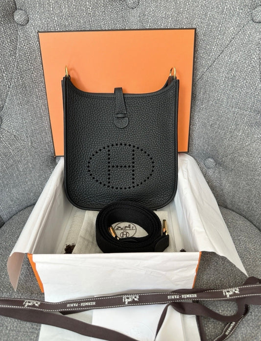 2025 HERMES MINI EVELYNE TPM 16 BLACK NOIR CALFSKIN LEATHER GOLD HARDWARE BAG GHW