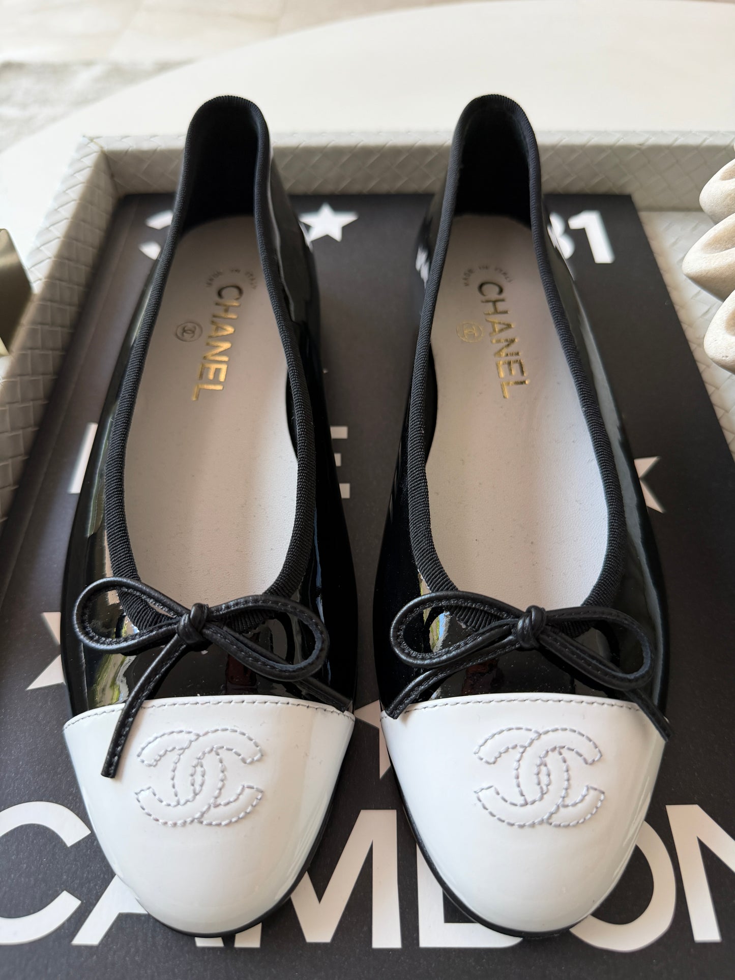 Chanel 26 Black Patent Leather White Cap Toe CC Logo Flat Ballet Ballerina Flats