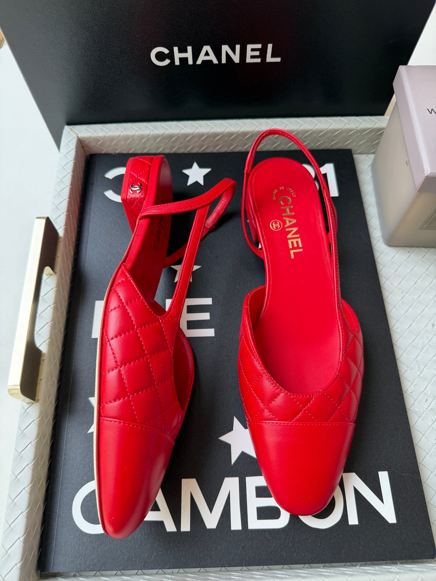 Chanel 26B Red Agneau Rouge Quilted Lambskin Leather Slingback Sling CC Flats
