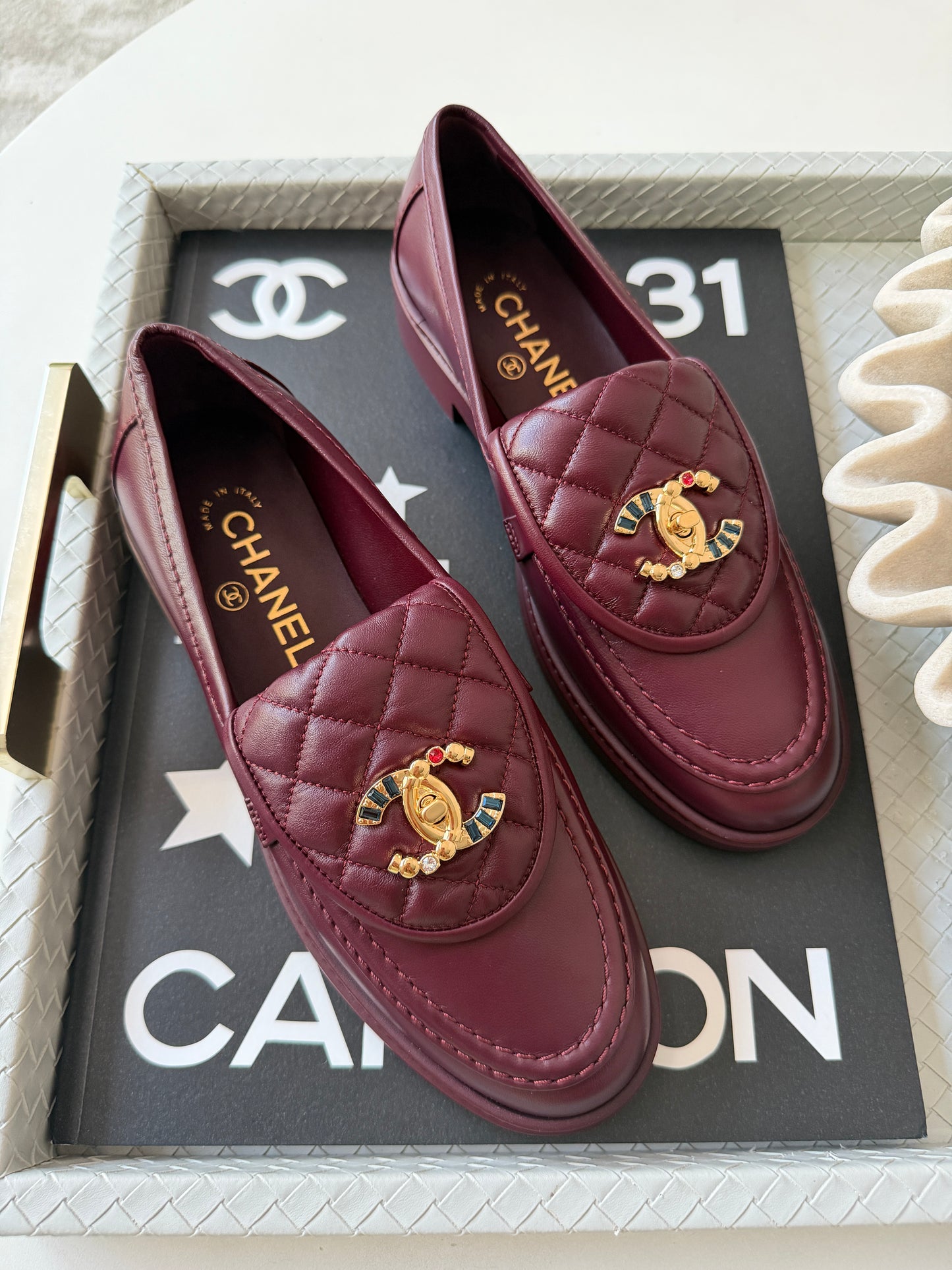 CHANEL BURGUNDY LEATHER LOAFERS OXFORD SHOES GOLD STRASS GEMS CC TURNLOCK MOCCASINS