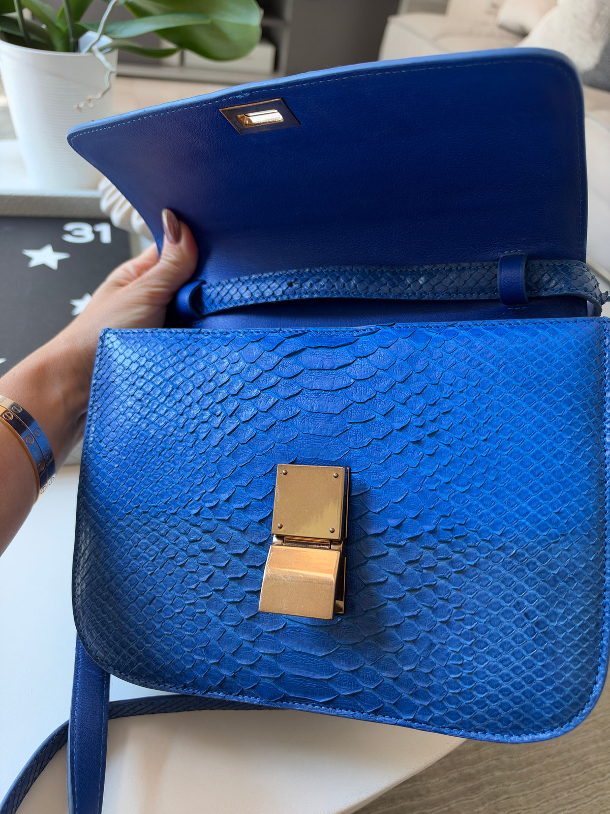 Celine Python Royal Blue Box GHW Medium Flap Handbag Cross Body Bag