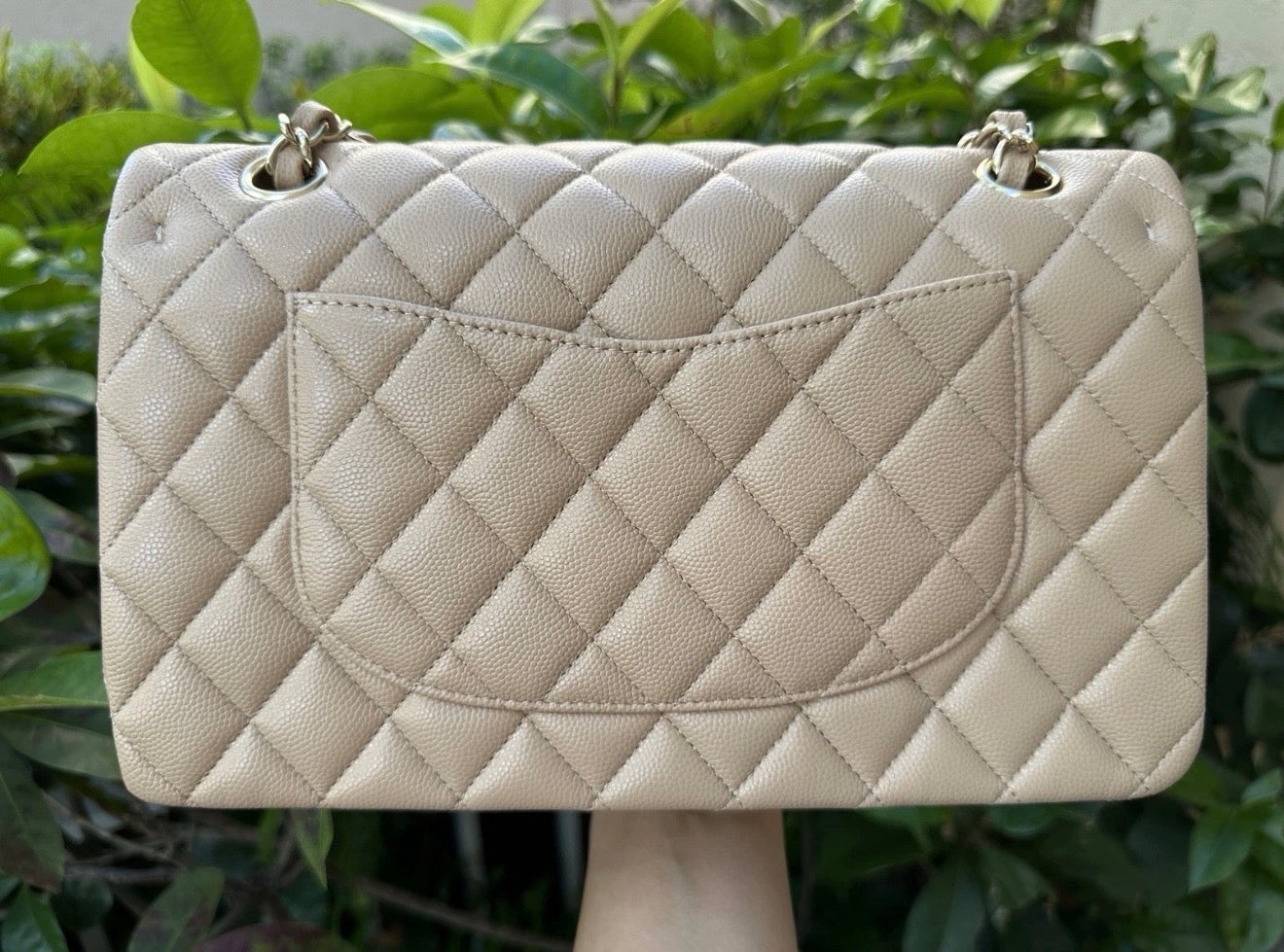 CHANEL DARK BEIGE CAVIAR LEATHER MEDIUM CLASSIC DOUBLE FLAP BAG LIGHT GOLD HARDWARE