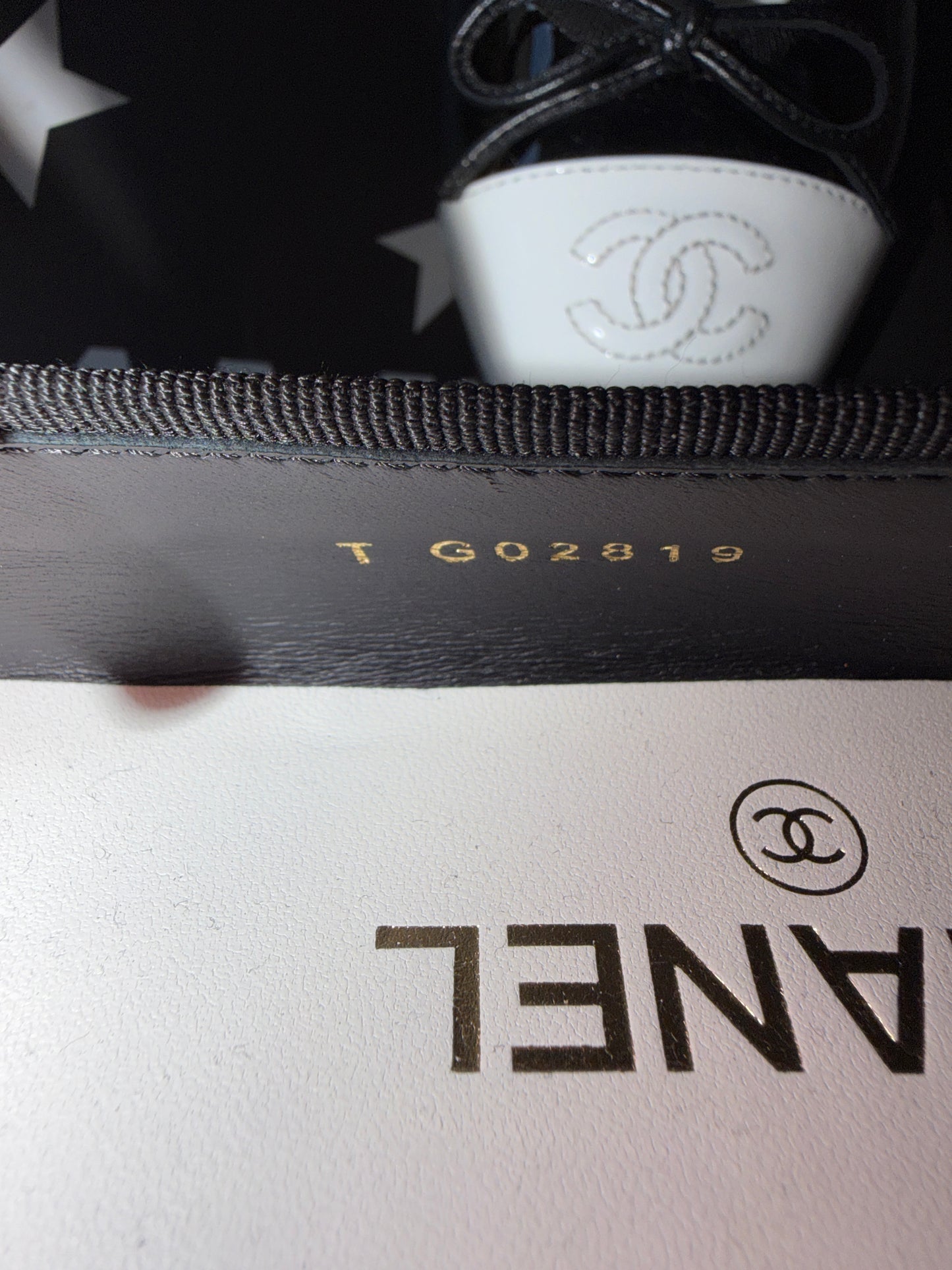 Chanel 26 Black Patent Leather White Cap Toe CC Logo Flat Ballet Ballerina Flats