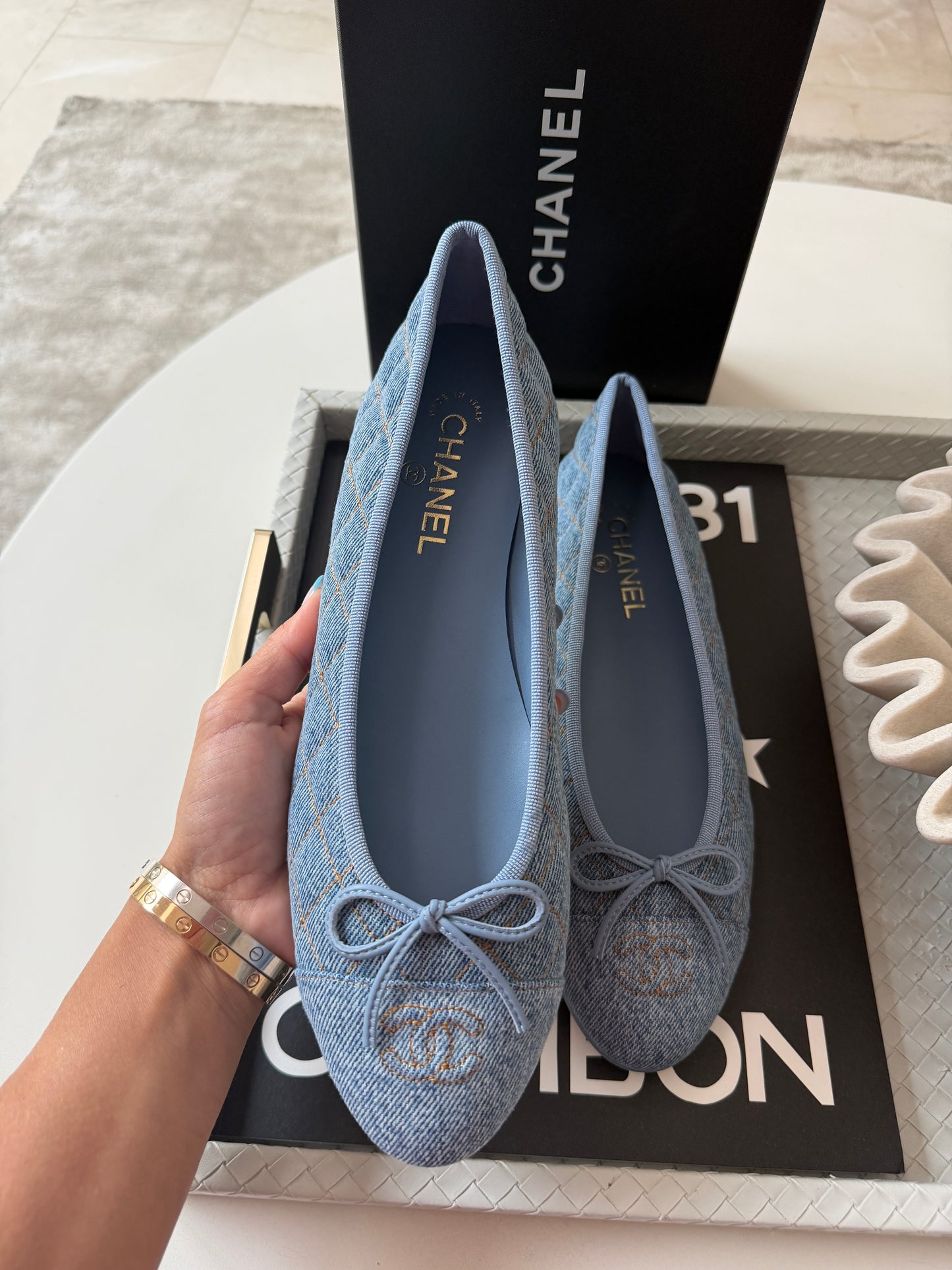 Chanel 26B Blazy Quilted Denim CC Logo Ballet Flats Light Blue Jean Ballerina