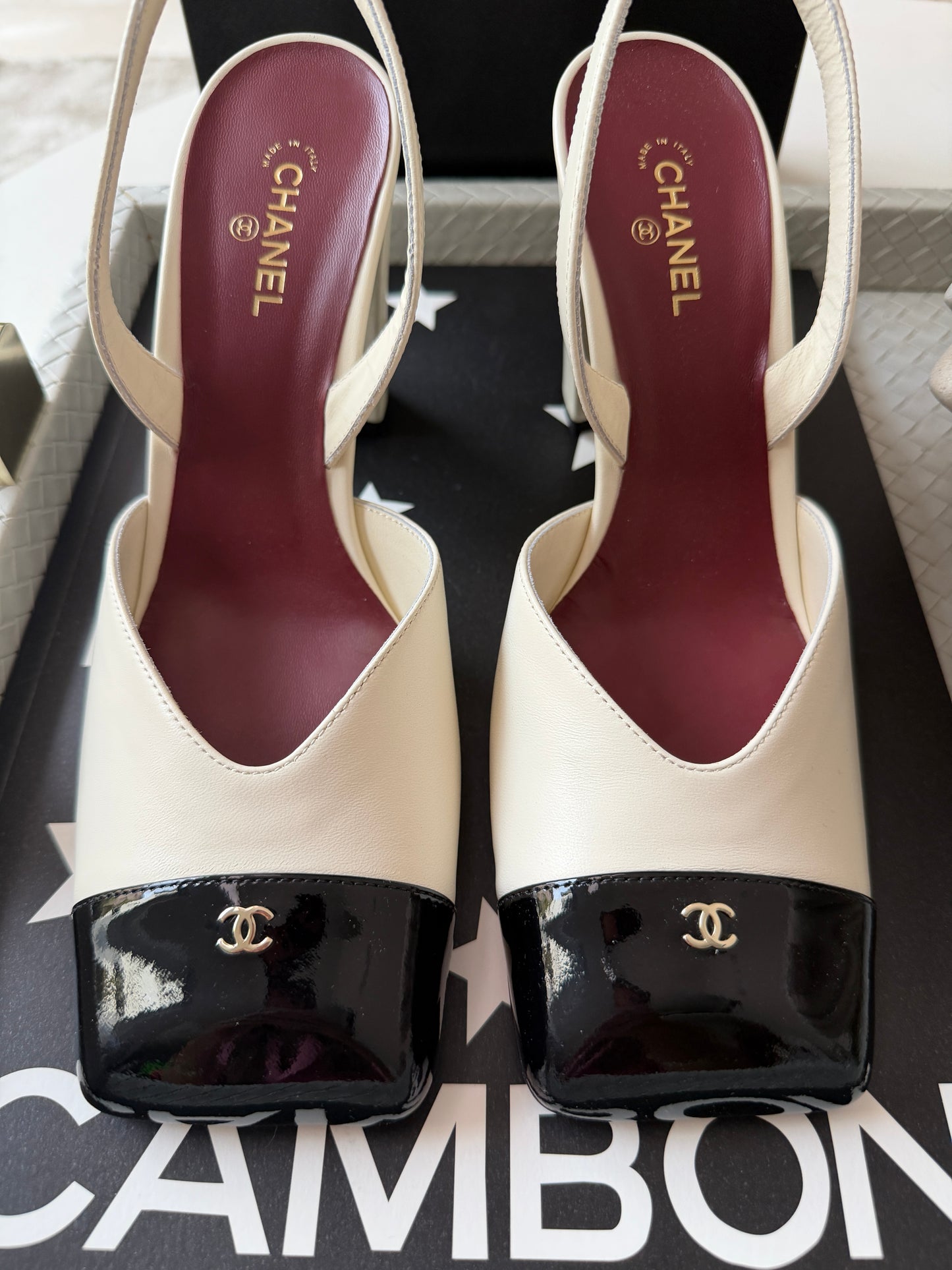 Chanel 26S Blazy Ivory Ecru Black Square Cap Toe Sling CC Slingback Chunky Heel Pumps