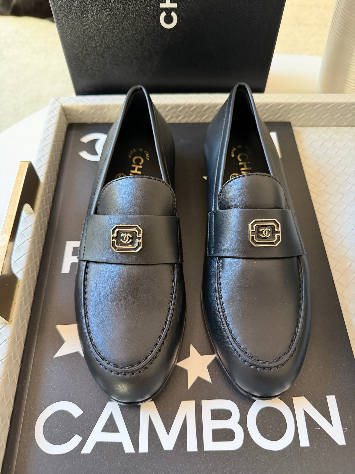 Chanel 2024 Classic Lambskin Leather Black Enamel CC Logo Moccasins Loafers Flats Shoes
