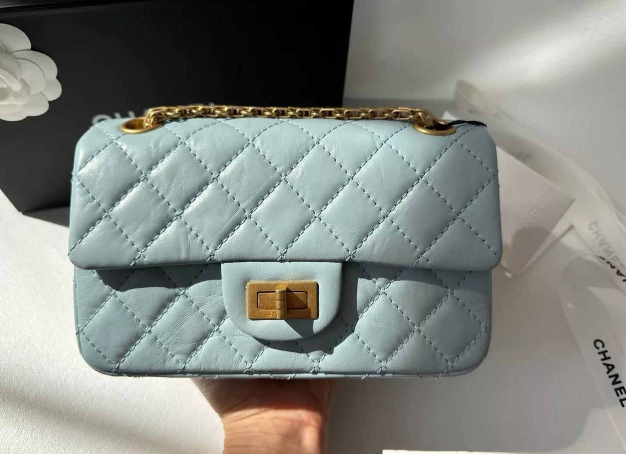 CHANEL MINI REISSUE 2.55 LIGHT BLUE CALFSKIN LEATHER BAG GHW