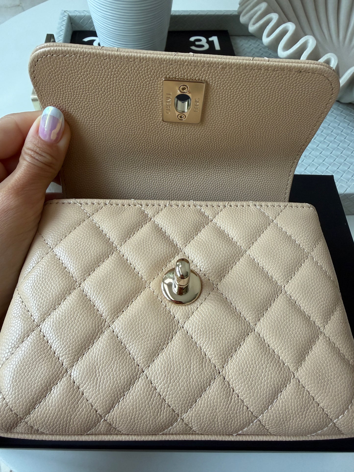 Chanel 24K AP4244 Micro Coco Handle Extra Mini Classic Flap Bag Beige Caviar Clutch with Chain Gold HW