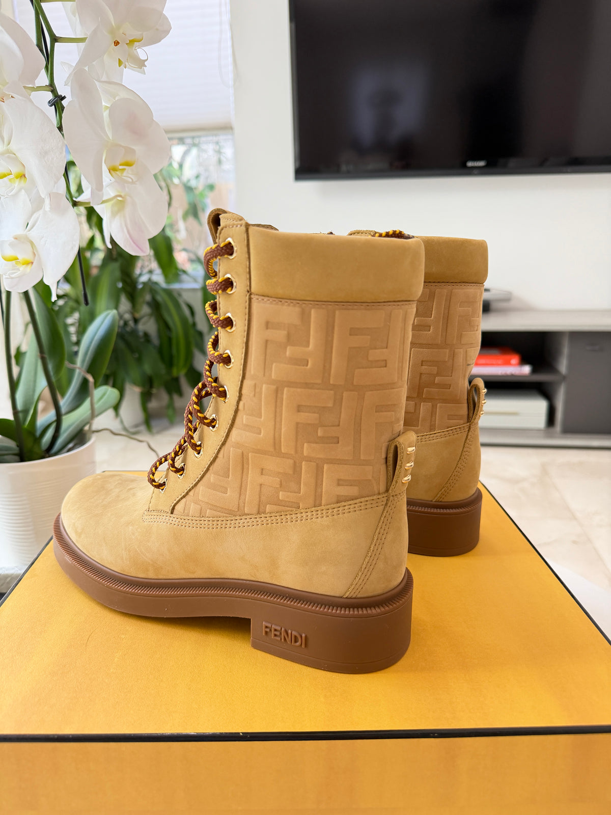 Fendi Filo Beige Nubuck FF Embossed Logo Lace Up Tie Combat Ankle Biker Boots
