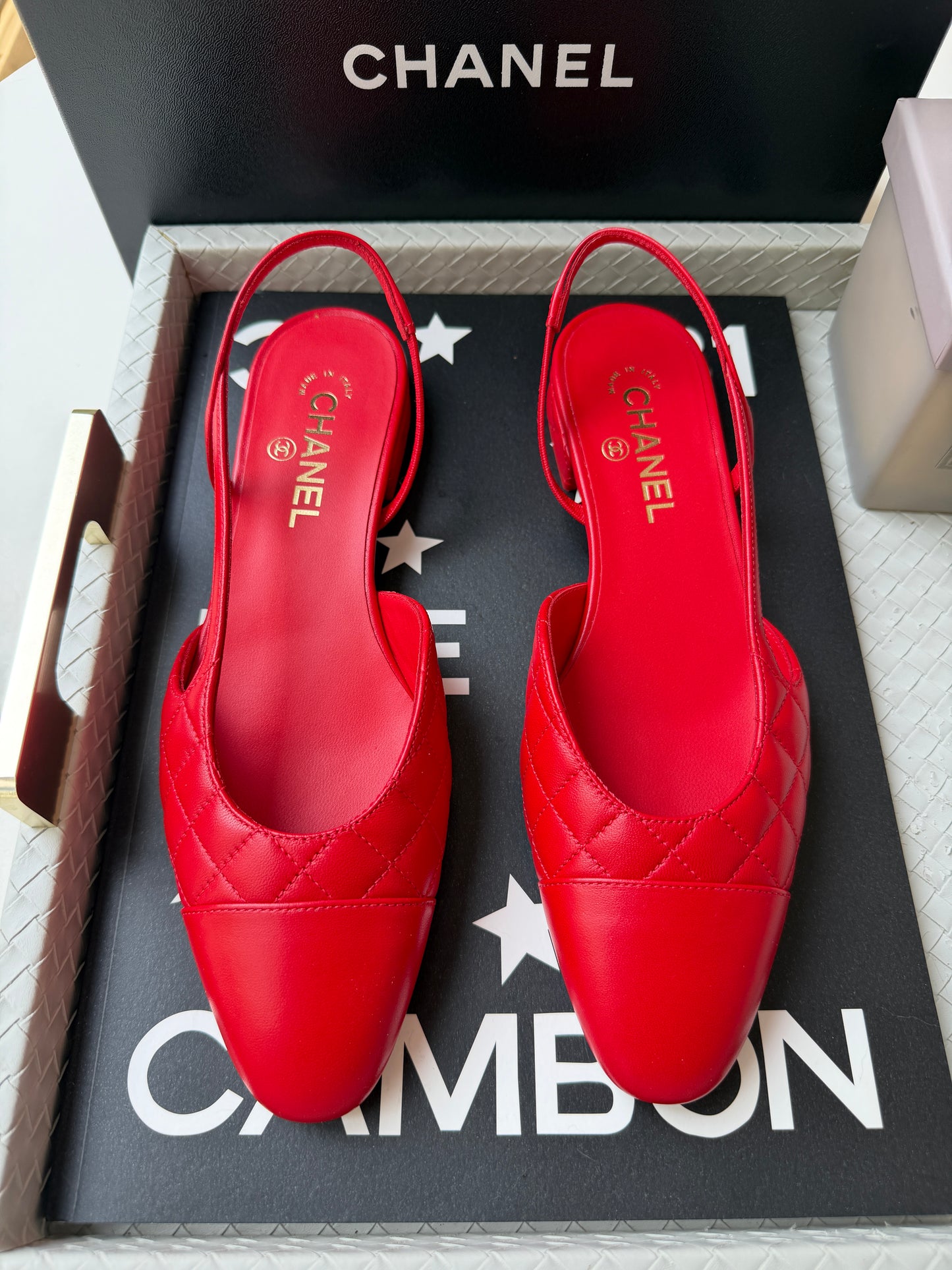 Chanel 26B Red Agneau Rouge Quilted Lambskin Leather Slingback Sling CC Flats