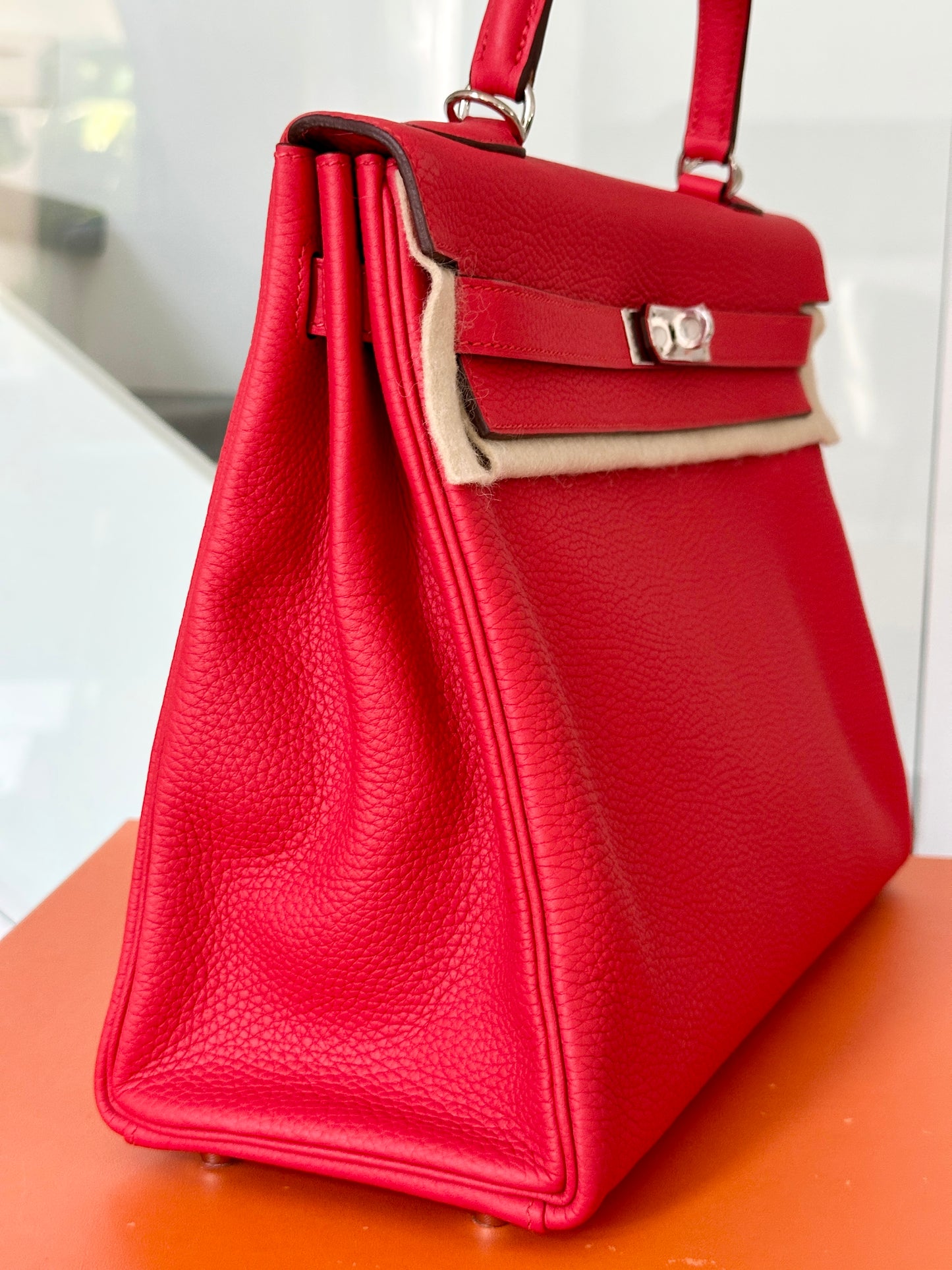 Hermes Kelly 35 Rouge Tomate Red Retourne Togo Leather Palladium Hardware PHW Bag Handbag