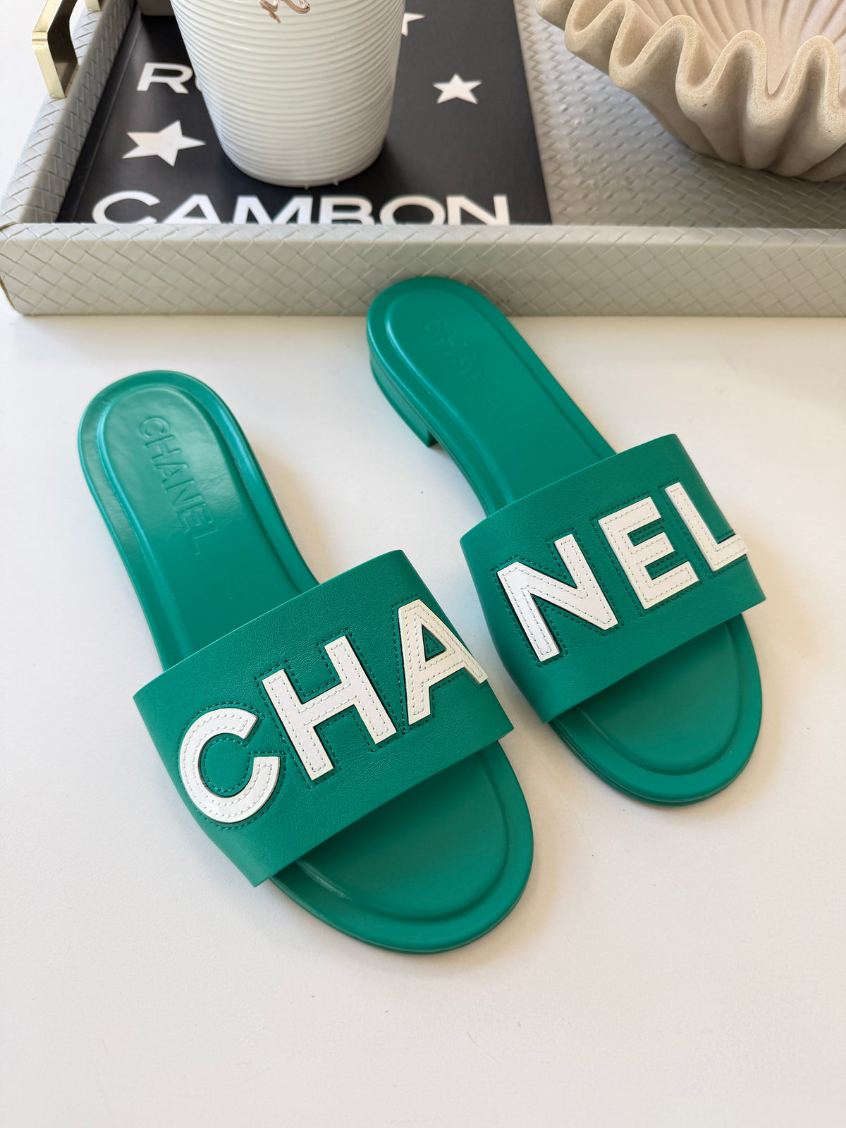CHANEL CHA NEL LOGO GREEN LEATHER FLAT SHOES SLIDES MULES