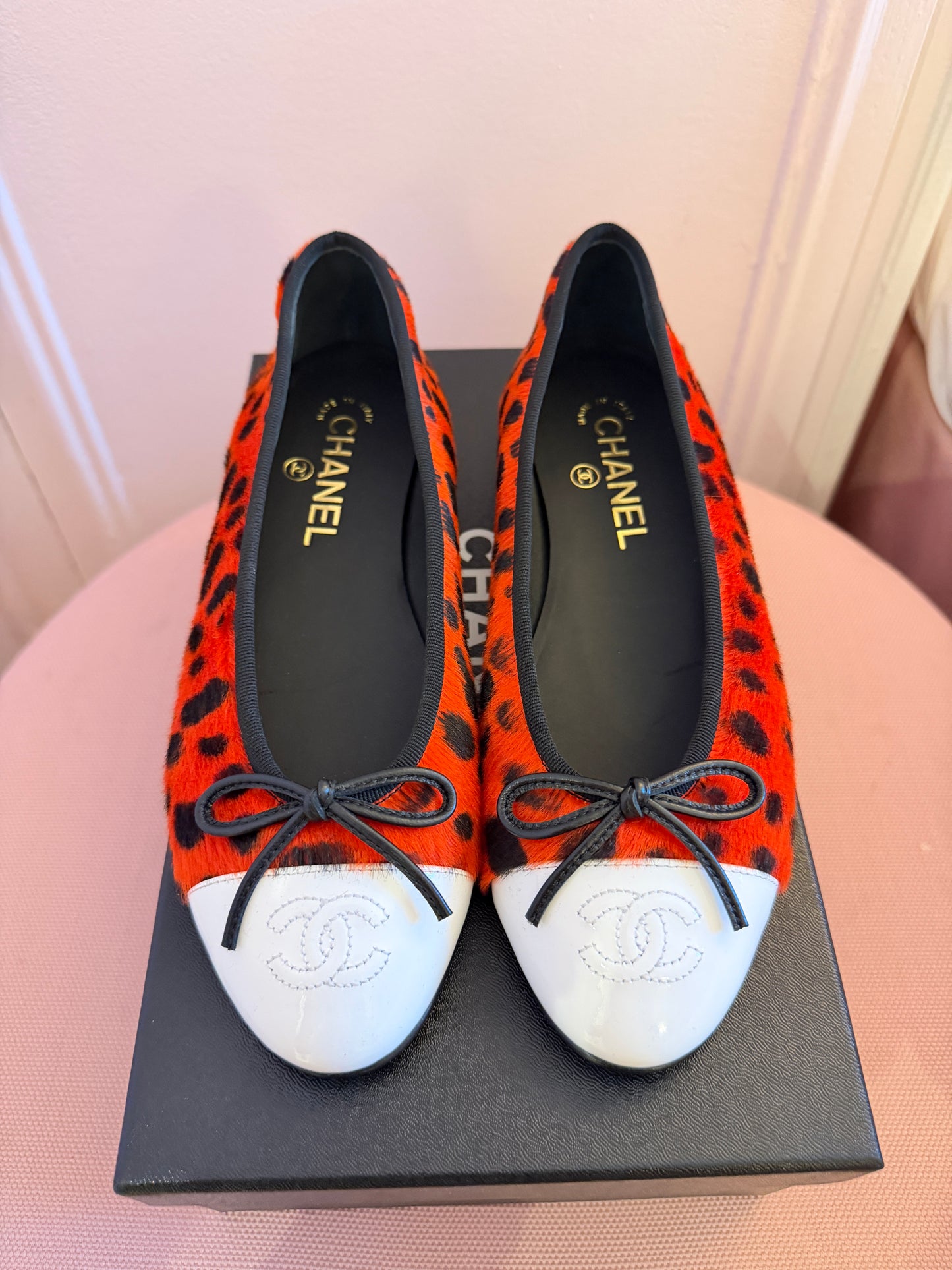 Chanel MÉTIERS D’ART 26 Red Orange Black White Pony Hair Animal Print Ballet Flats