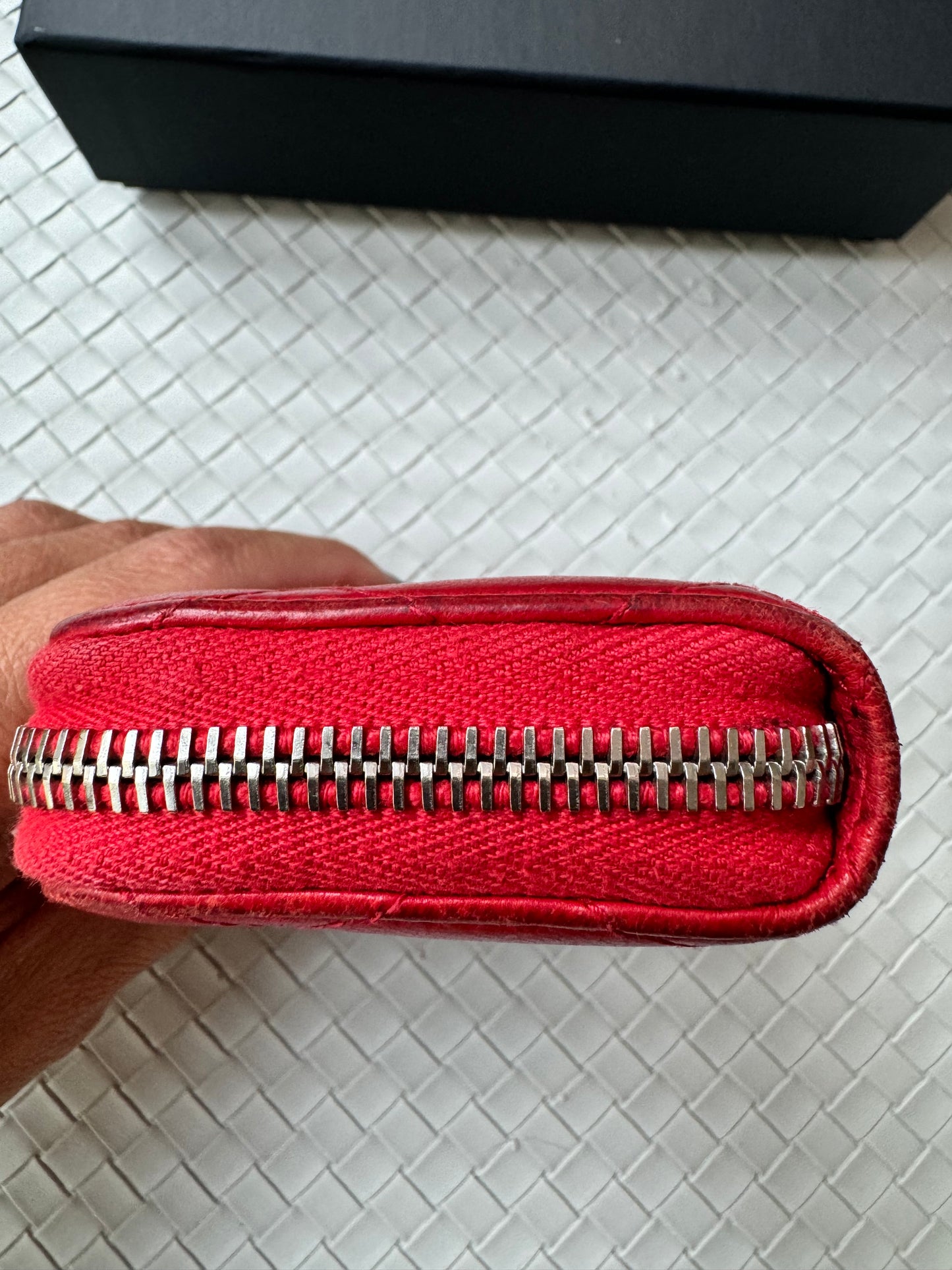 Chanel CC Lambskin Coin Holder Mini Wallet Card Case Matelasse Red Zip Quilted Pre-Owned