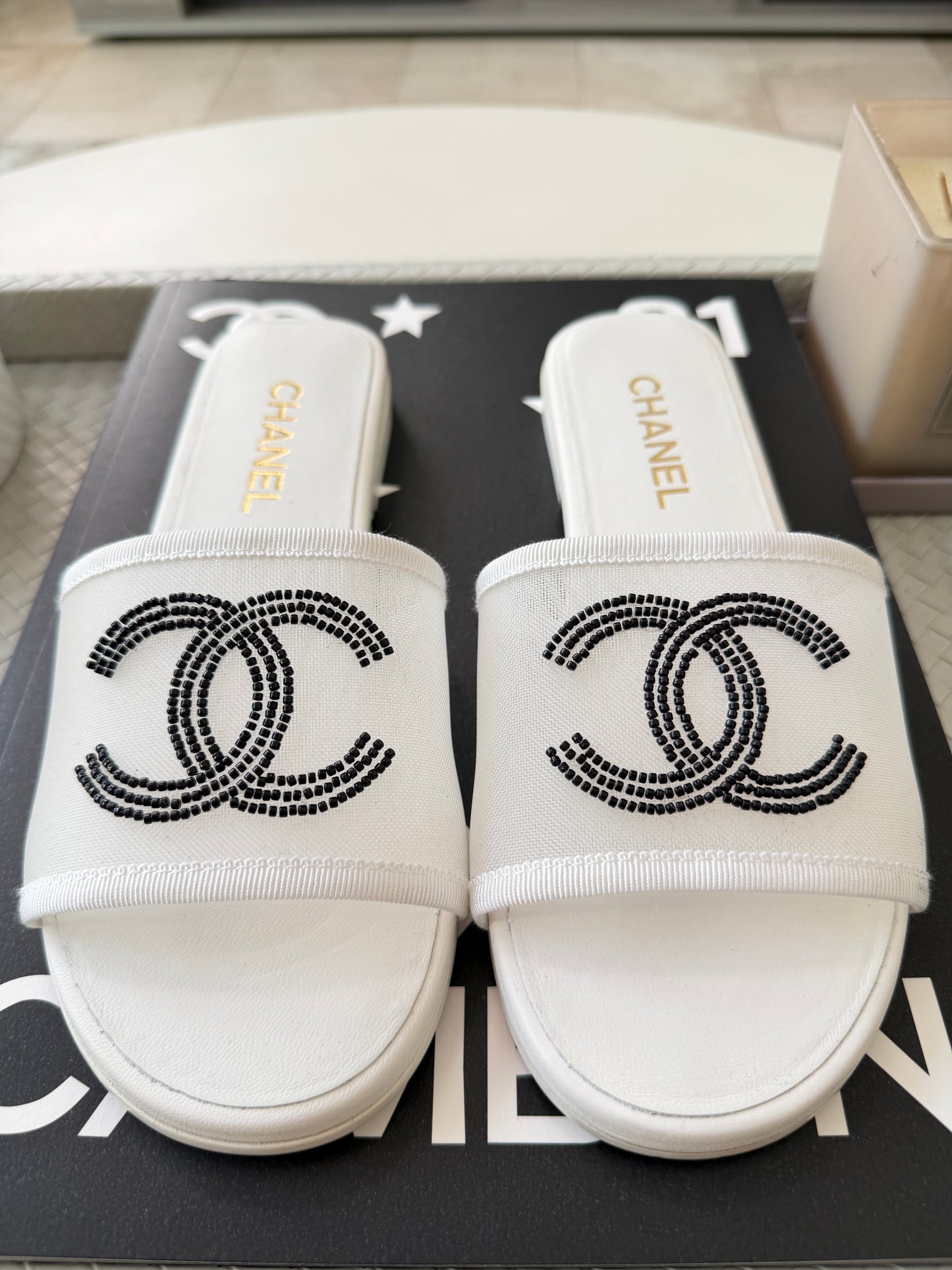 Chanel Blazy White Mesh Black Beads CC Logo Slides Sandals Mules Slide Flats