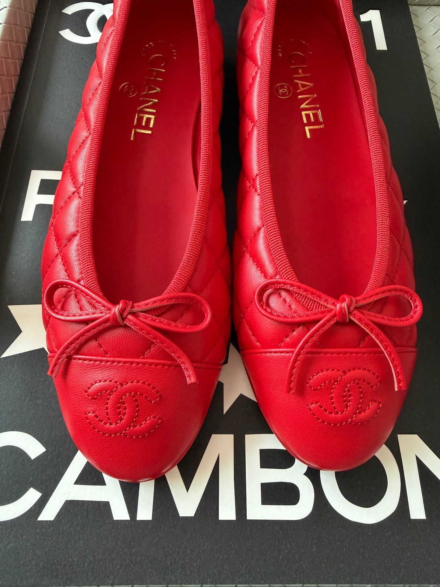 Chanel 26B Blazy Lambskin Leather Quilted Red Agneau Rouge CC Logo Ballet Ballerina Flats