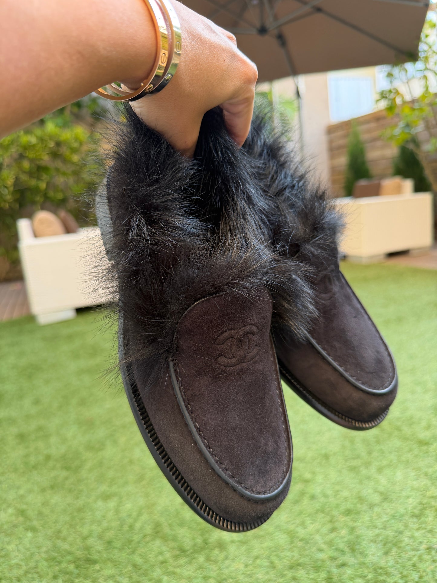 CHANEL COCO NEIGE 25/26 BLACK SUEDE LEATHER FUR SHEARLING LOAFERS MOCCASSINS