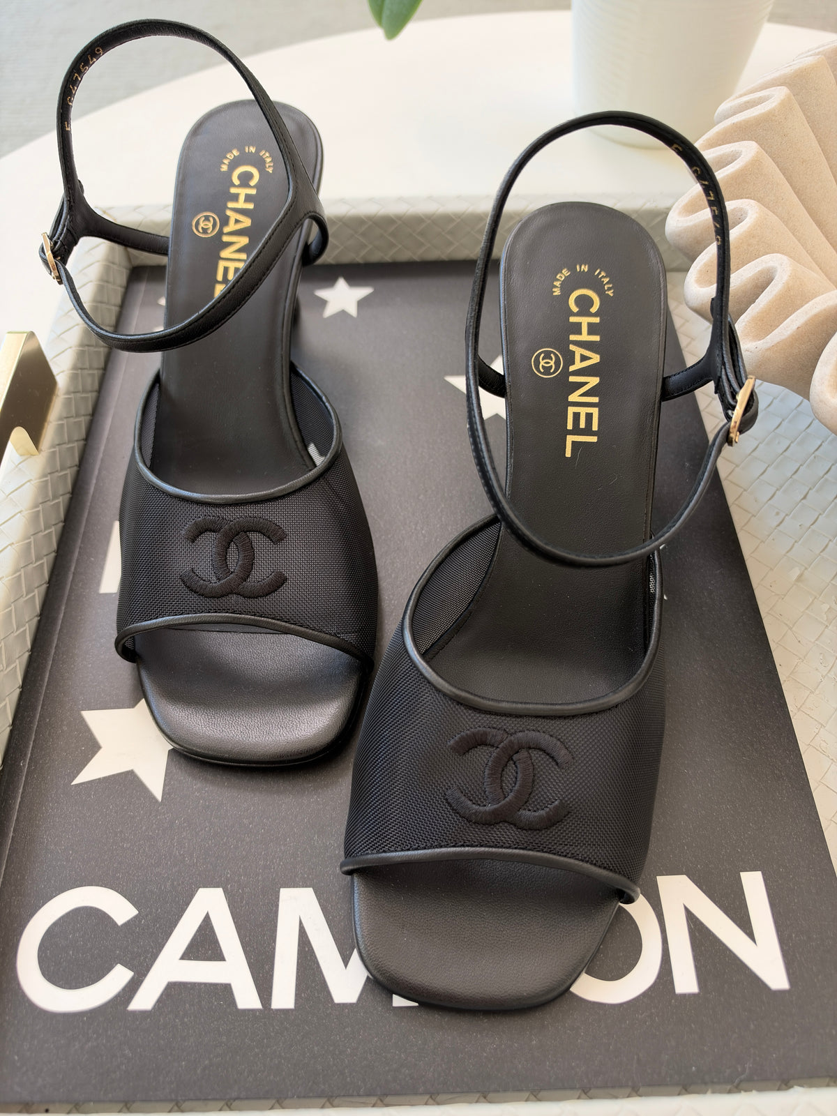 CHANEL 26 BLAZY BLACK MESH LAMBSKIN OPEN TOE CC LOGO SANDALS HEELS SHOES