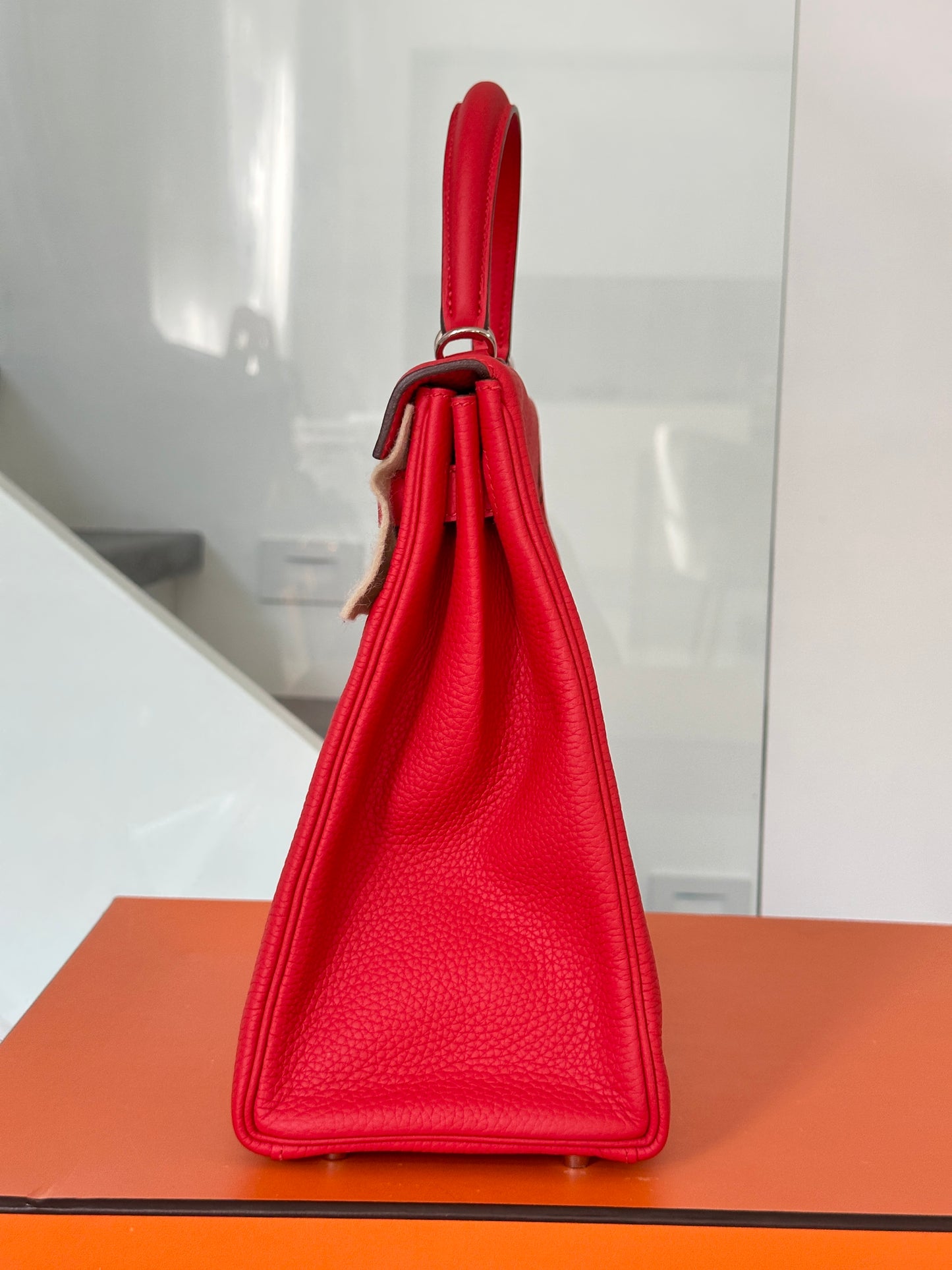 Hermes Kelly 35 Rouge Tomate Red Retourne Togo Leather Palladium Hardware PHW Bag Handbag