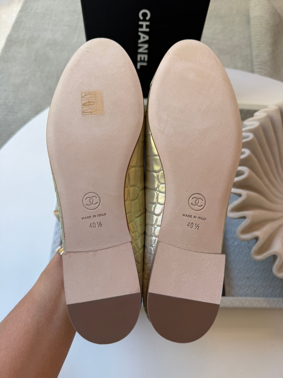 Chanel 26K Yellow Crocodile Croc Embossed Iridescent Cap Toe Ballet Flats