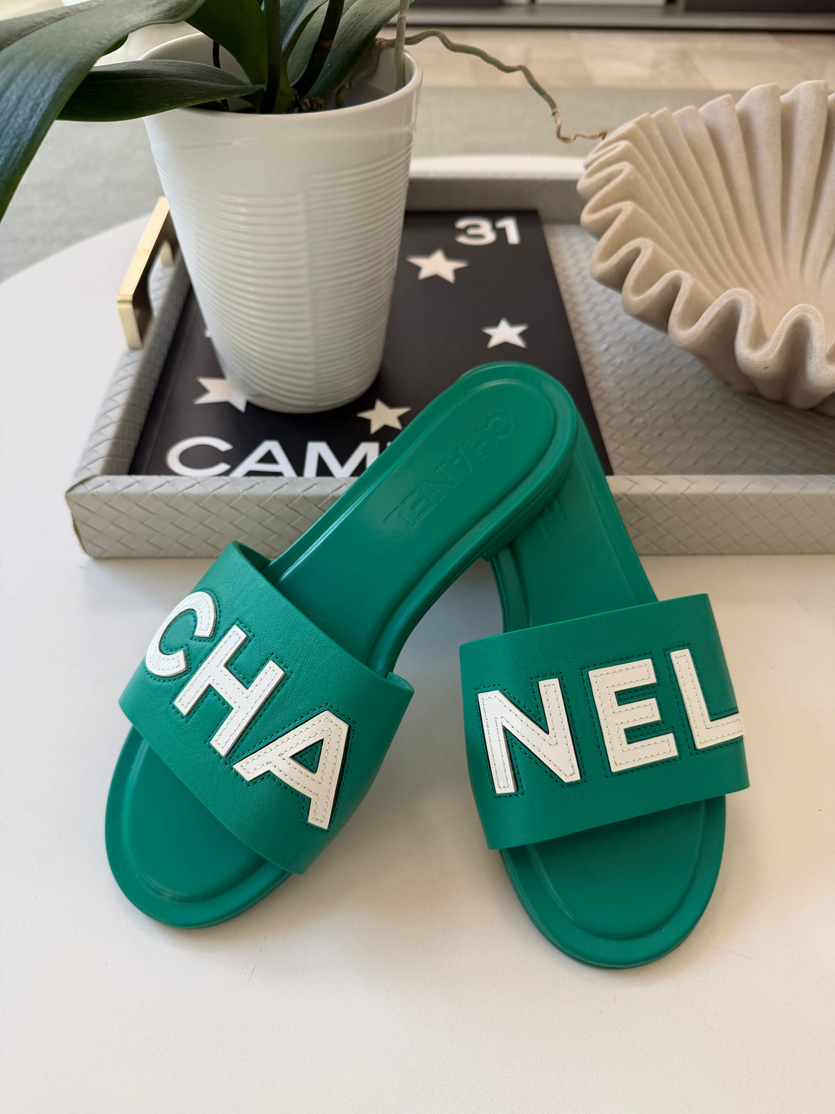 CHANEL CHA NEL LOGO GREEN LEATHER FLAT SHOES SLIDES MULES