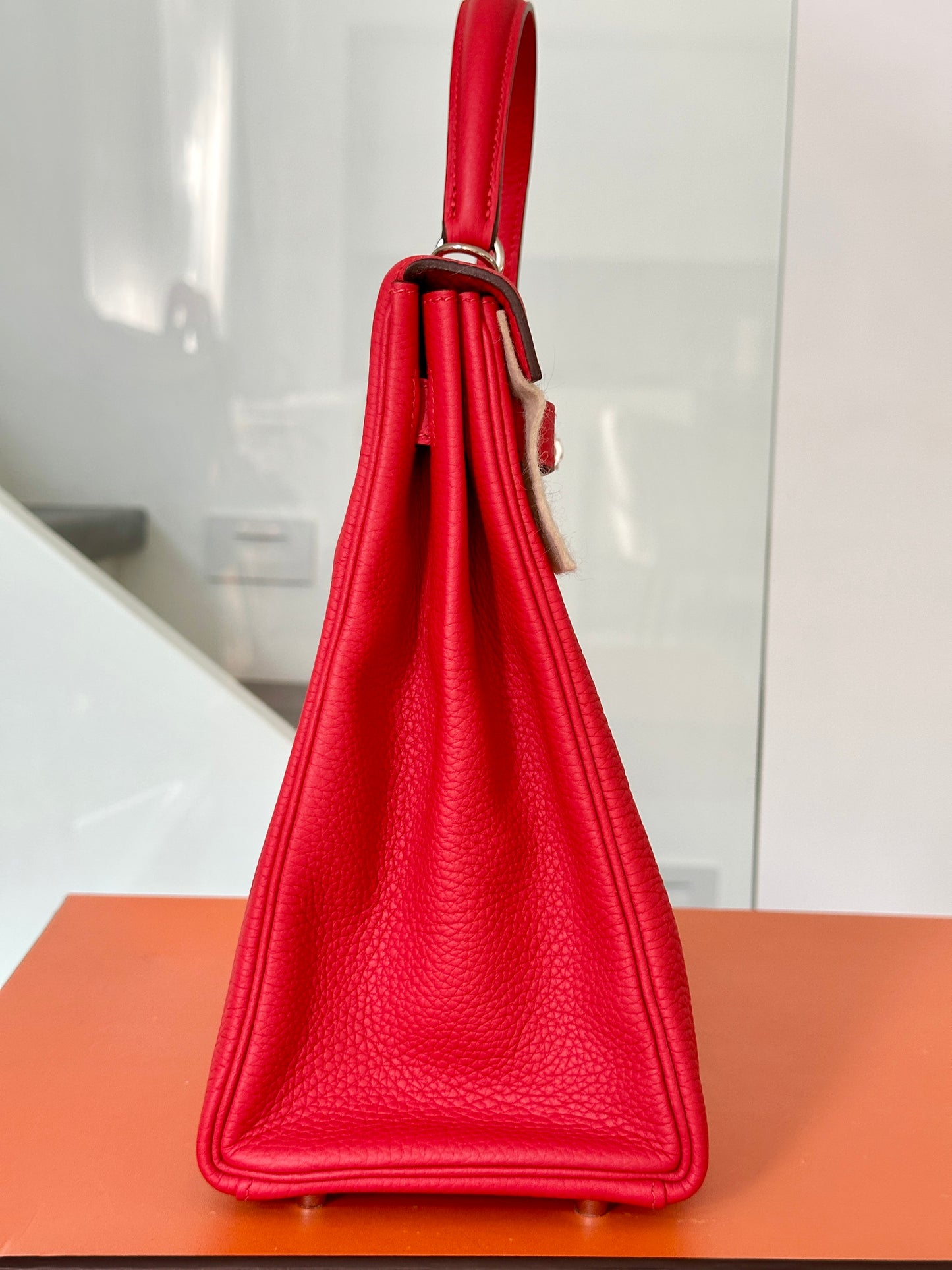 Hermes Kelly 35 Rouge Tomate Red Retourne Togo Leather Palladium Hardware PHW Bag Handbag