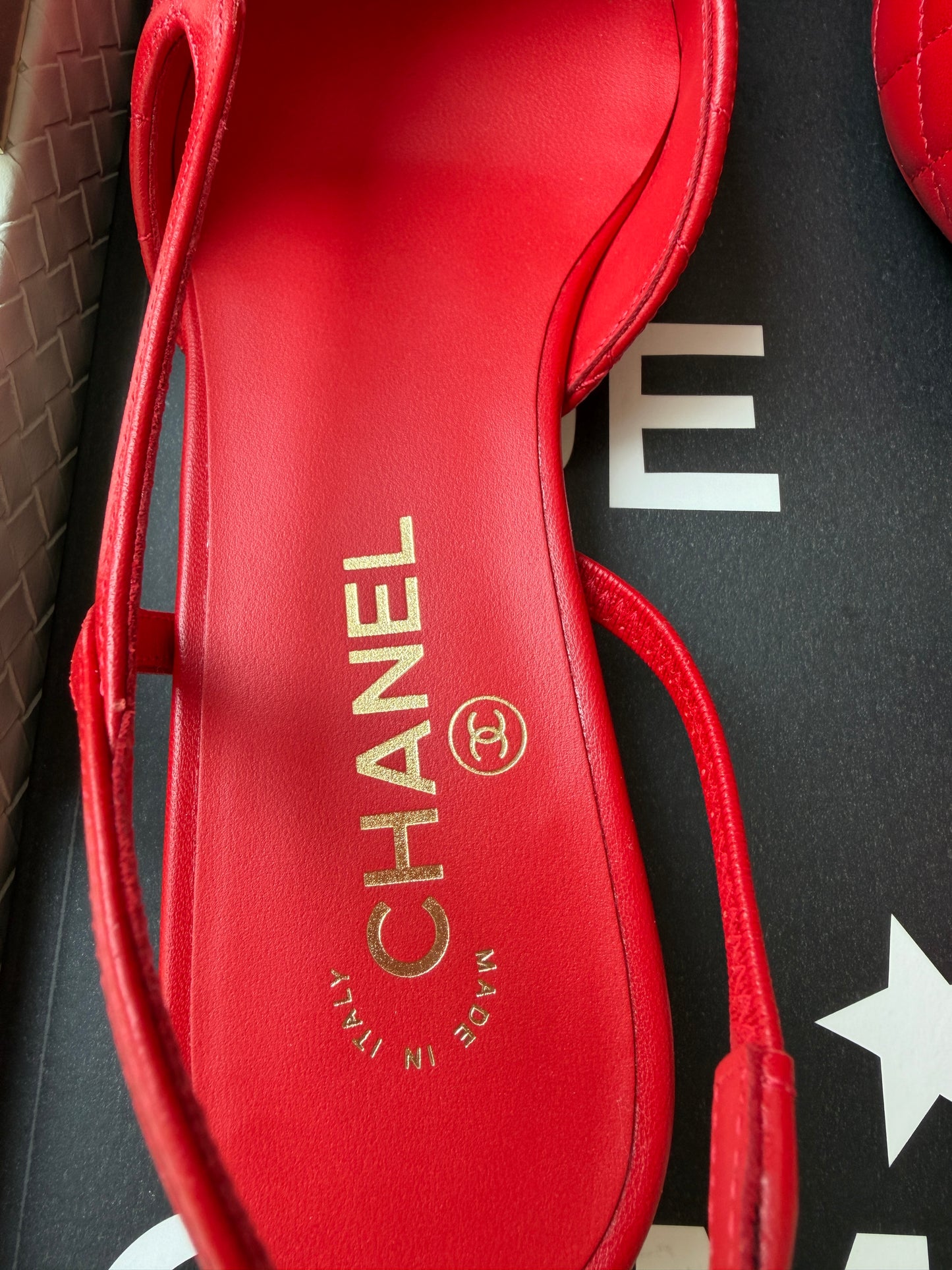 Chanel 26B Red Agneau Rouge Quilted Lambskin Leather Slingback Sling CC Flats