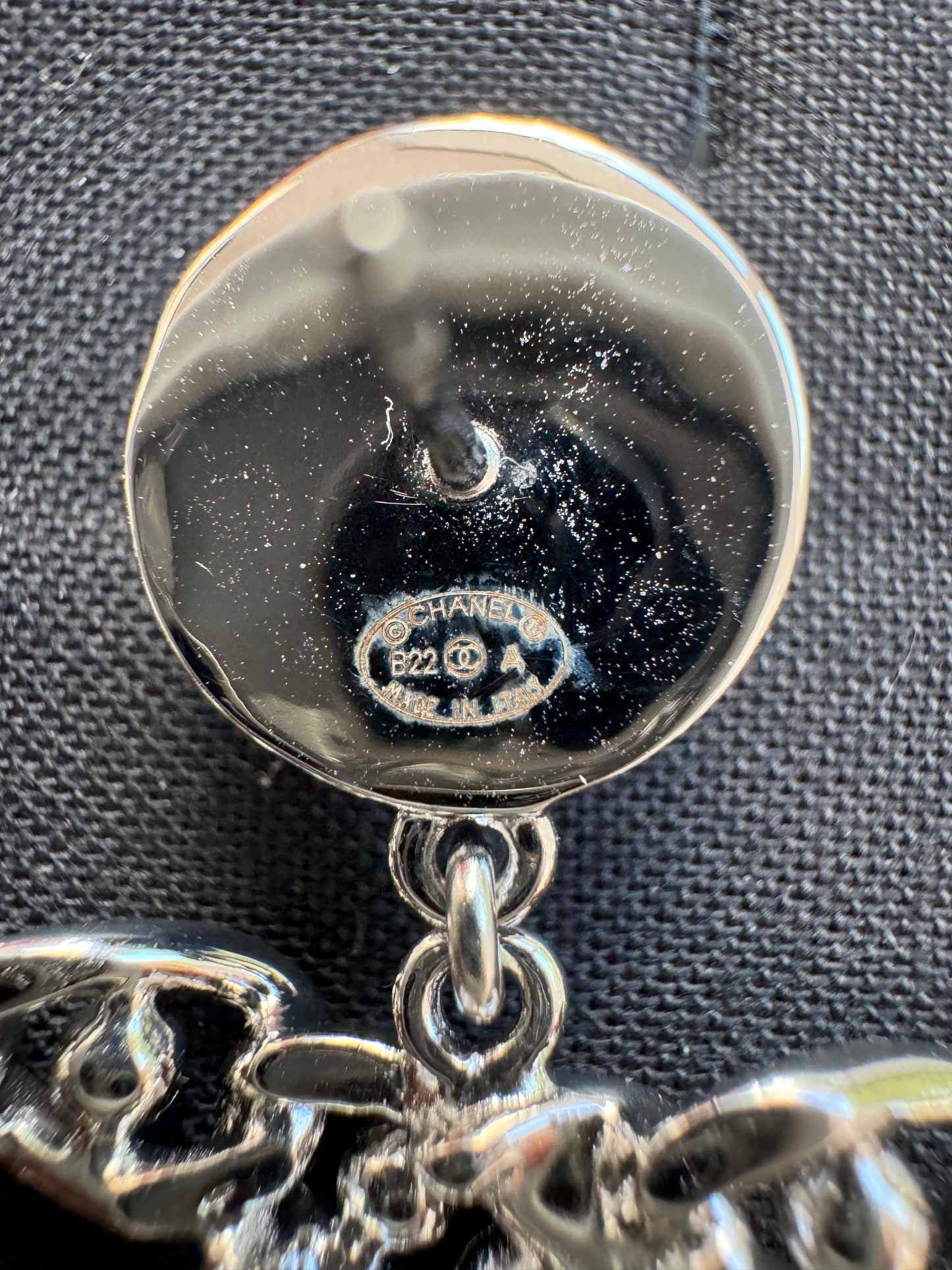 Chanel 22A CC Logo Silver Chain Chained Stud Big Large Drop Dangle Earrings