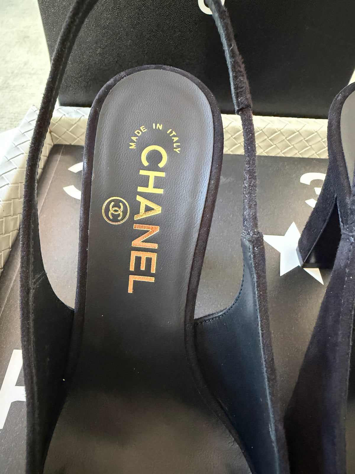 Chanel 26K Blazy Black Suede White Square Toe CC Slingback Sling Heel Pumps Heels