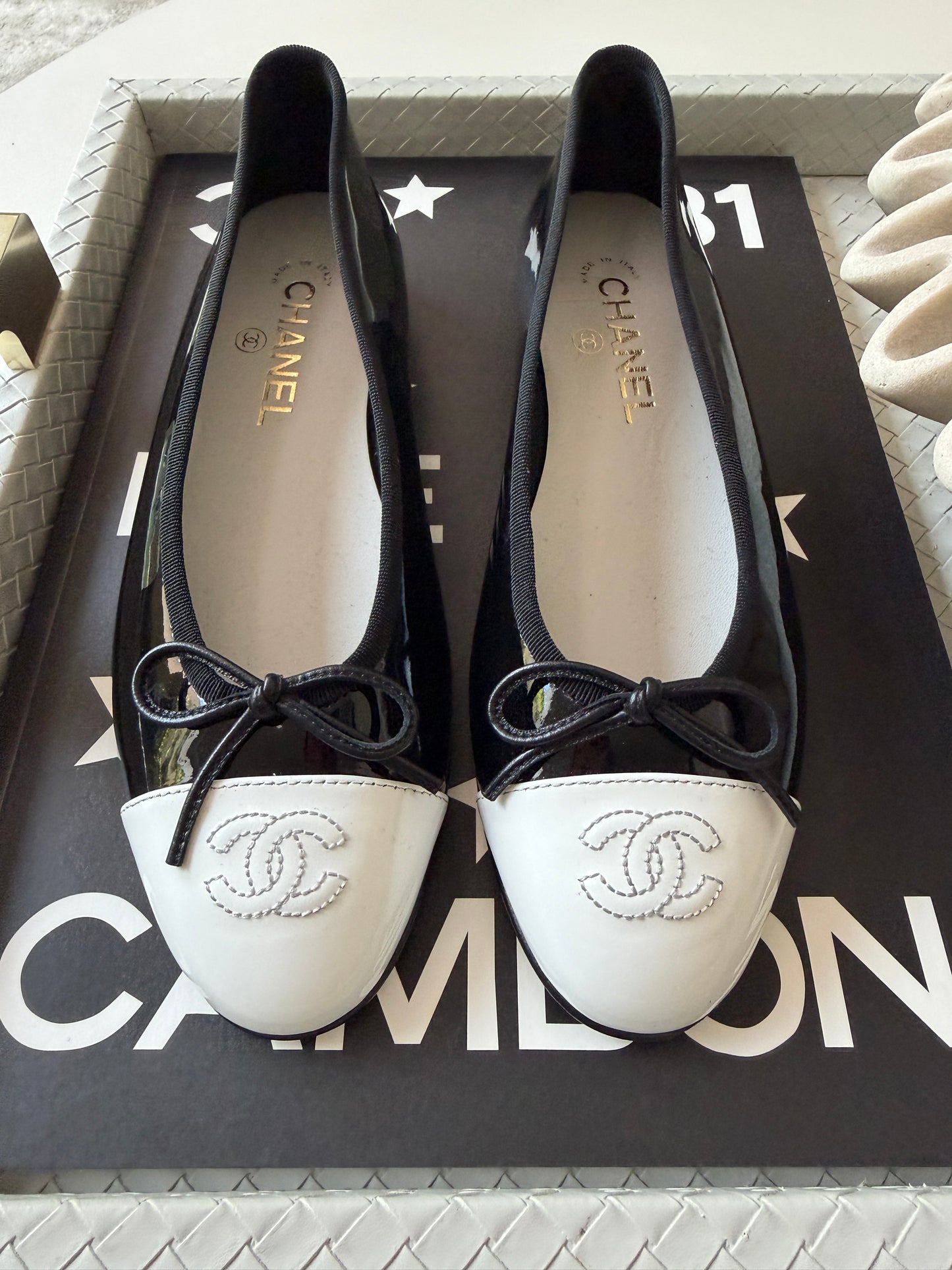 Chanel 26 Black Patent Leather White Cap Toe CC Logo Flat Ballet Ballerina Flats