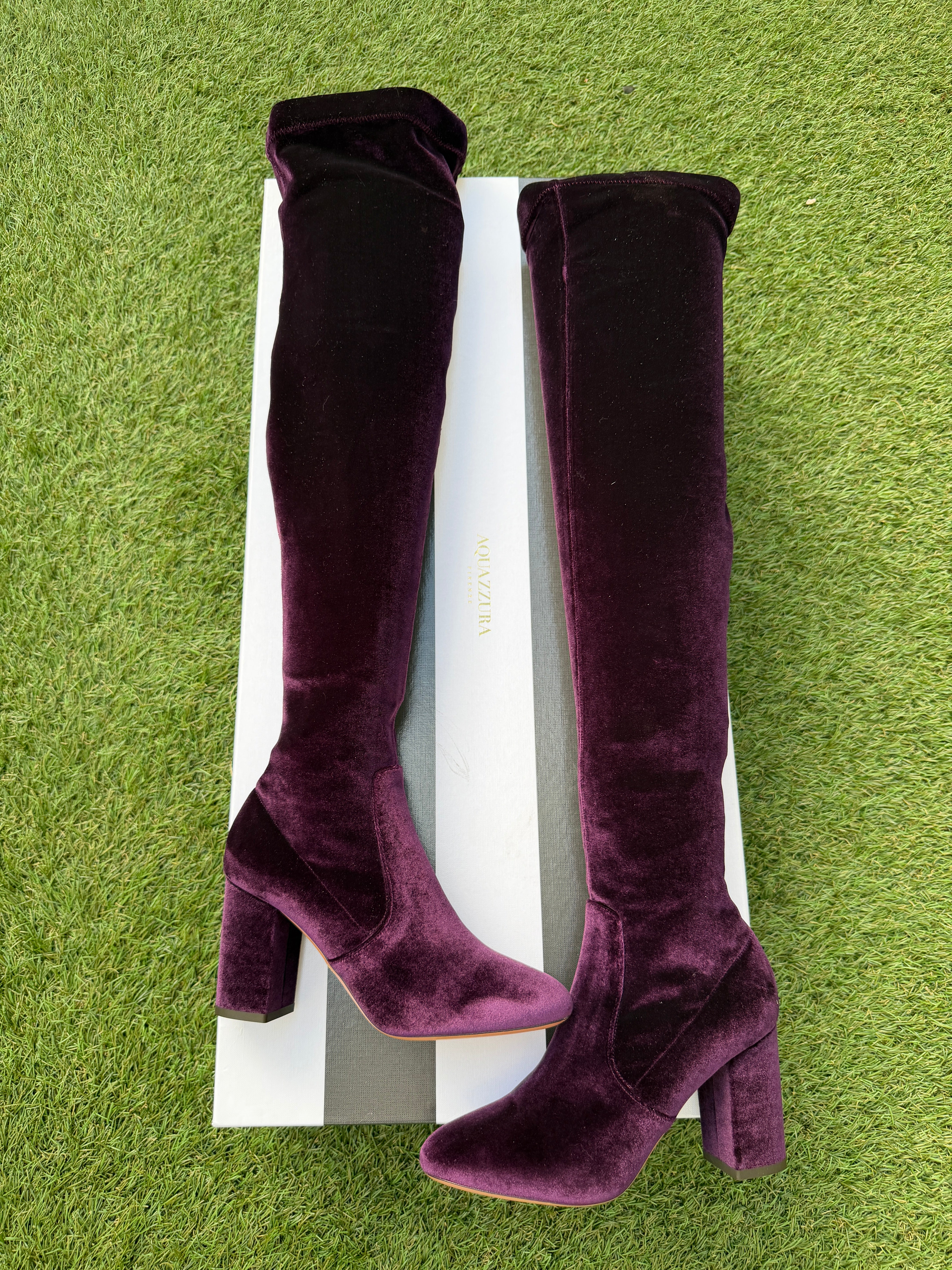 AQUAZZURA VELVET 85 THIGH HIGH PURPLE SO ME ZIP OVER KNEE BOOT
