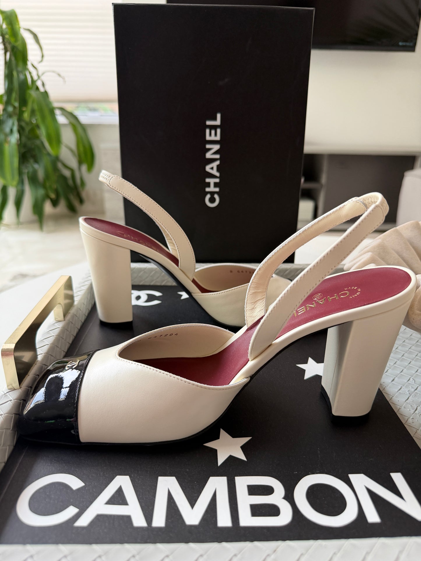 Chanel 26S Blazy Ivory Ecru Black Square Cap Toe Sling CC Slingback Chunky Heel Pumps
