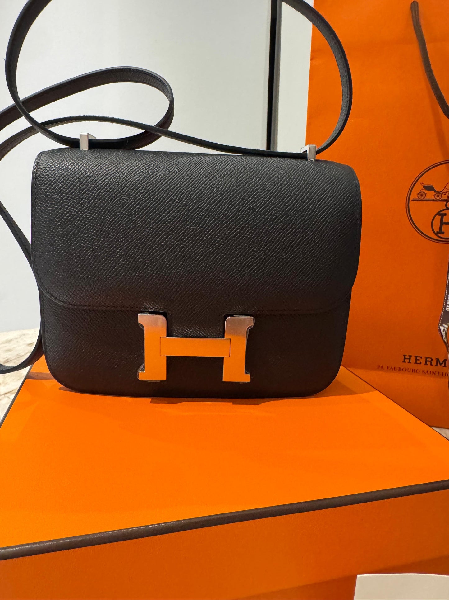 Hermes Constance 18 Mini Black Noir Epsom Leather Palladium Hardware PHW Flap Shoulder Cross Body Bag Purse