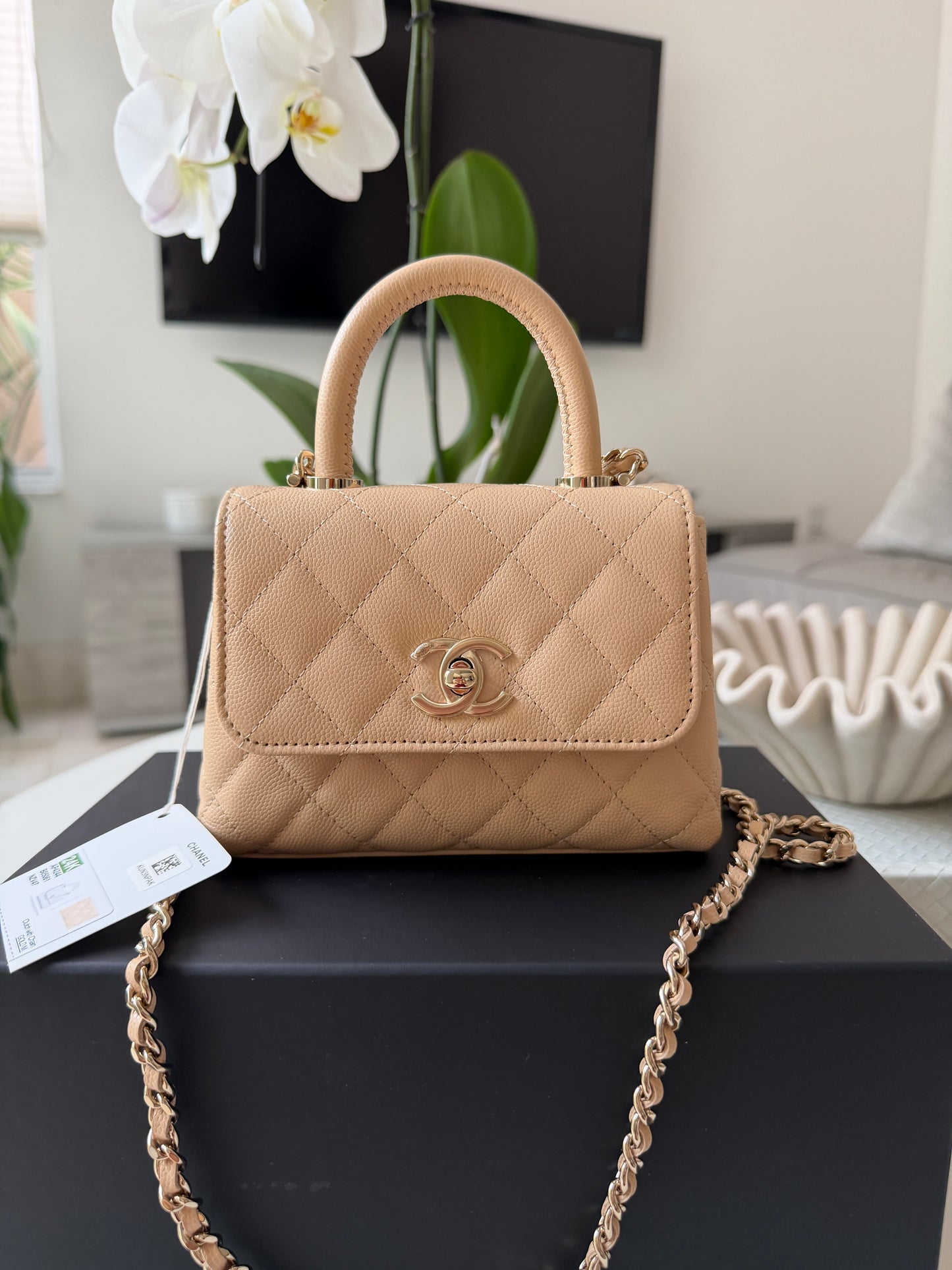 Chanel 24K AP4244 Micro Coco Handle Extra Mini Classic Flap Bag Beige Caviar Clutch with Chain Gold HW