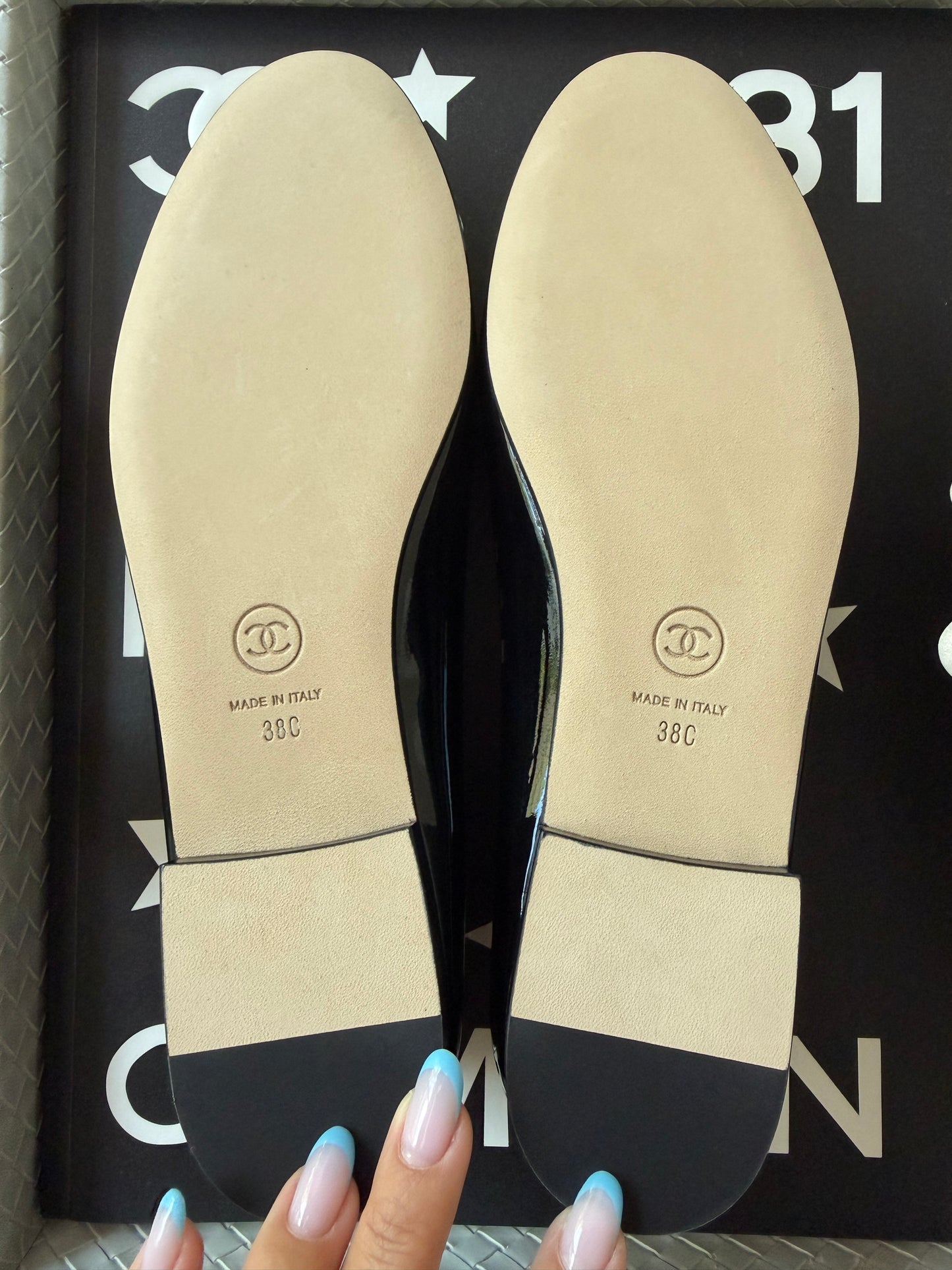 Chanel 26 Black Patent Leather White Cap Toe CC Logo Flat Ballet Ballerina Flats