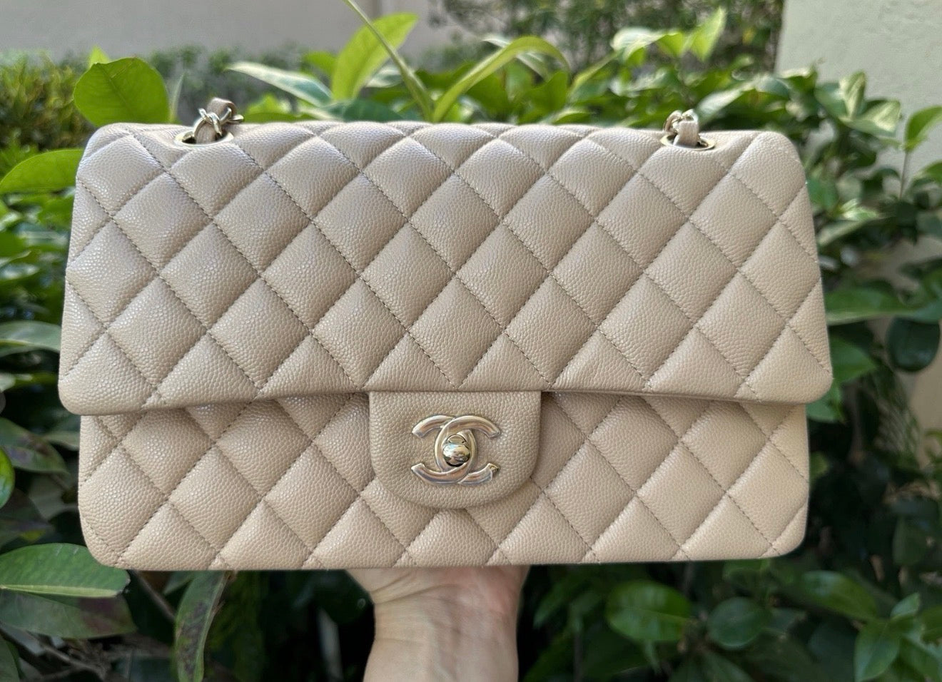 CHANEL DARK BEIGE CAVIAR LEATHER MEDIUM CLASSIC DOUBLE FLAP BAG LIGHT GOLD HARDWARE