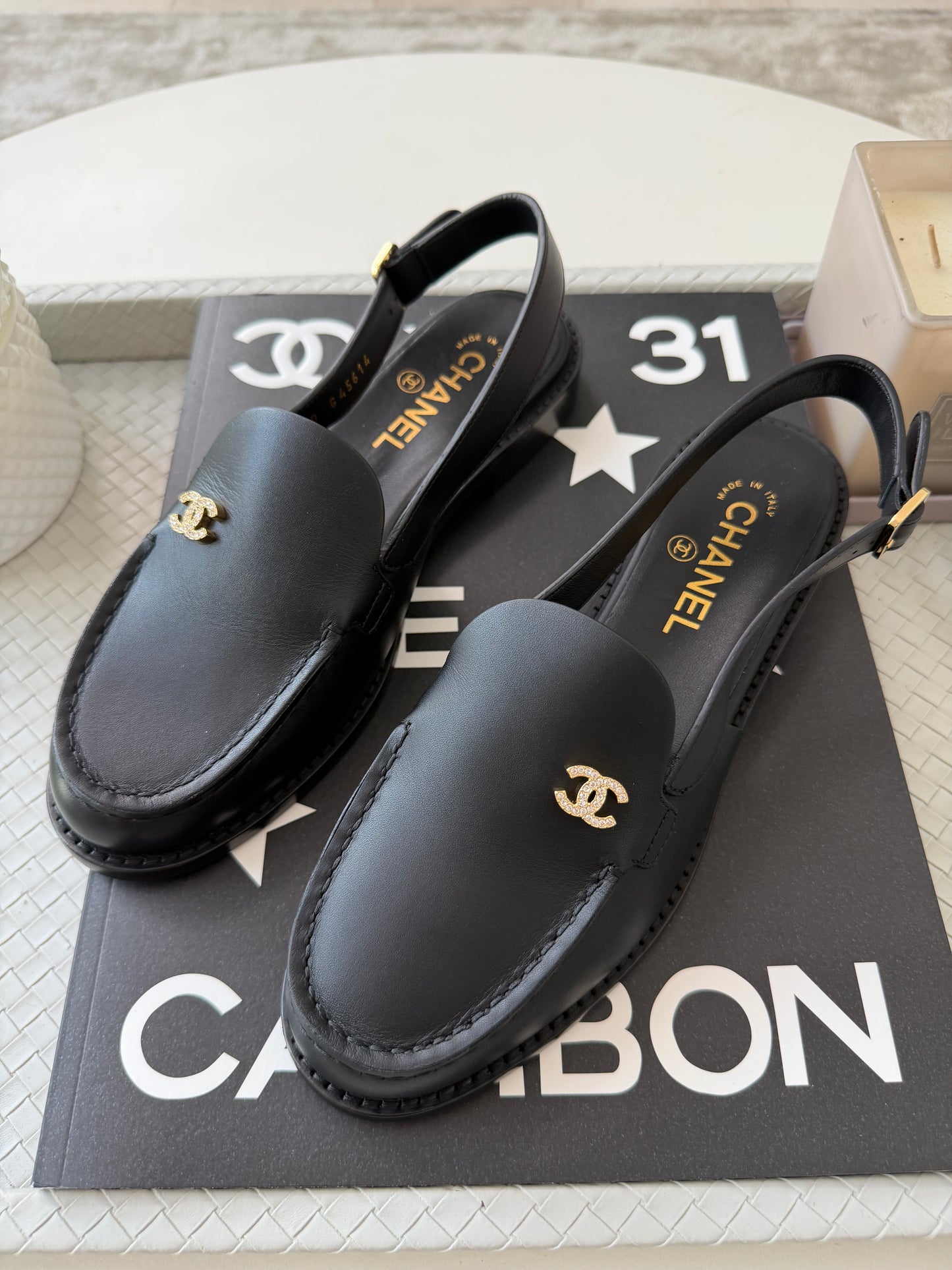 Chanel Metiers D’art 26 Strass CC Logo Black Leather Slingback Loafers Flats