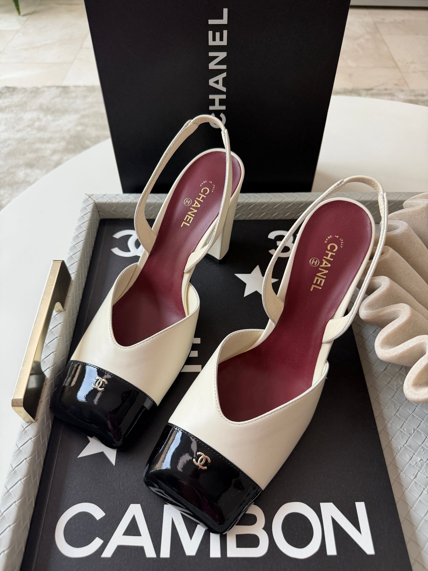 Chanel 26S Blazy Ivory Ecru Black Square Cap Toe Sling CC Slingback Chunky Heel Pumps