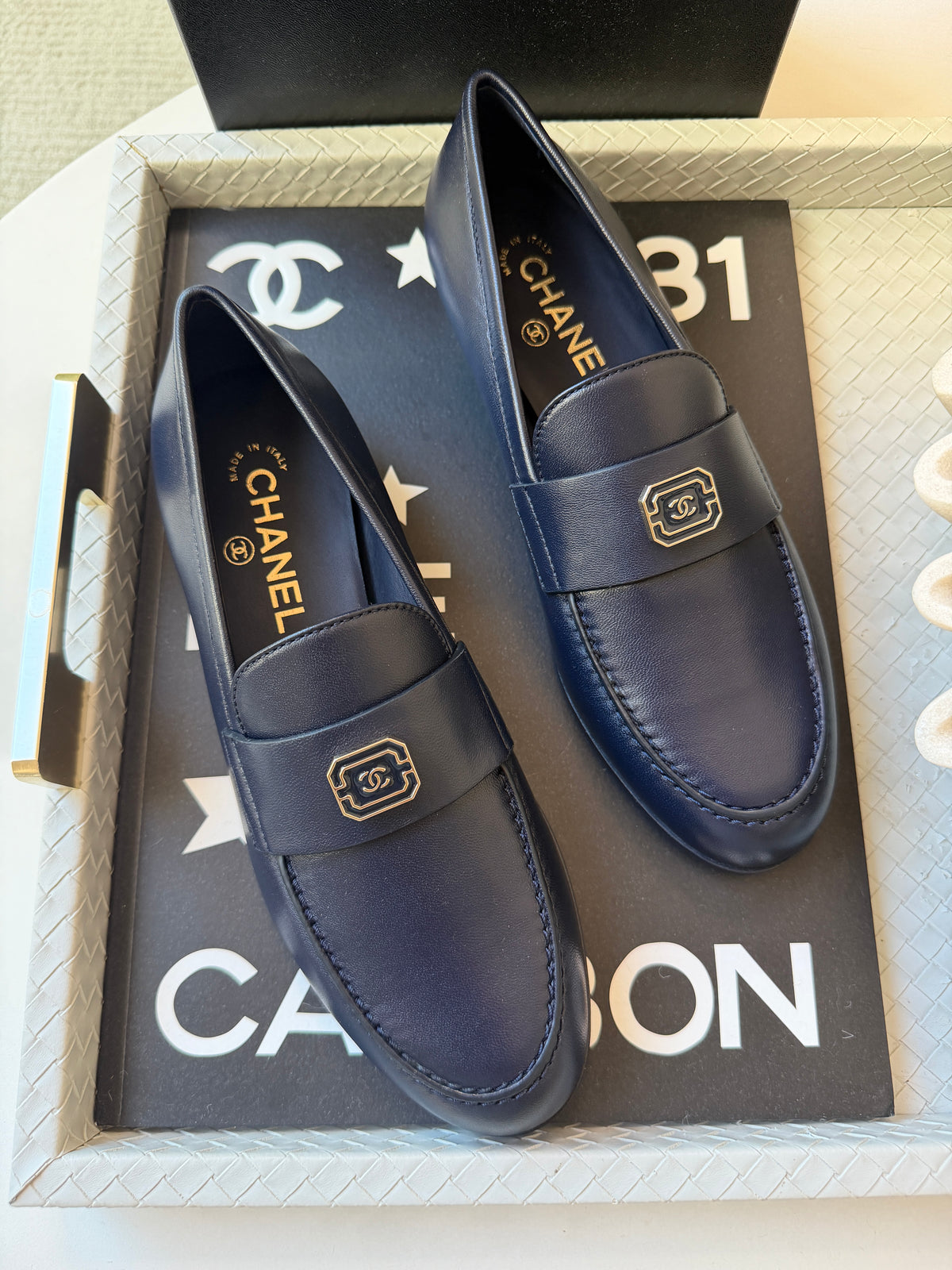 Chanel 2024 Classic Lambskin Leather Navy Blue Enamel CC Logo Moccasins Loafers Flats Shoes