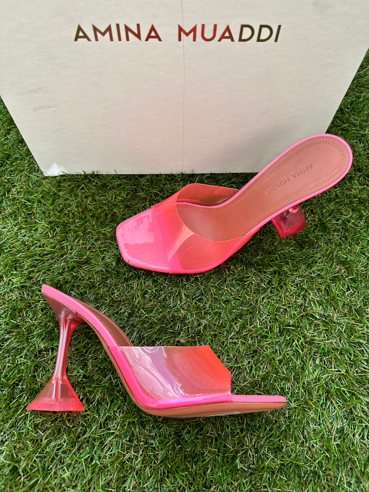 Amina Muaddi Lupita Glass Bubblegum Pink PVC Mule Mules Plastic Heels