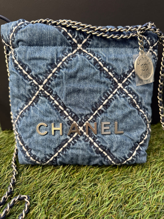 Chanel 22 Mini Denim Blue Quilted Jean Stitched Crossbody Hobo Bag Handbag 24P