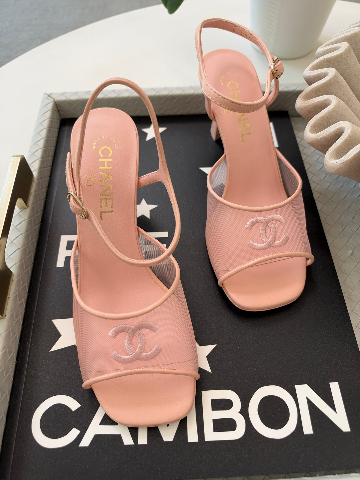 CHANEL 26 BLAZY LIGHT PINK MESH LAMBSKIN OPEN TOE CC LOGO SANDALS HEELS SHOES