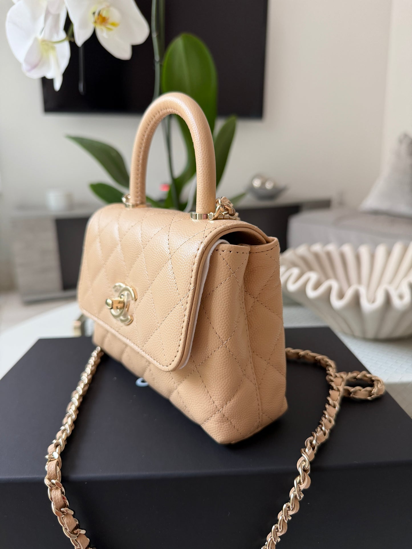 Chanel 24K AP4244 Micro Coco Handle Extra Mini Classic Flap Bag Beige Caviar Clutch with Chain Gold HW