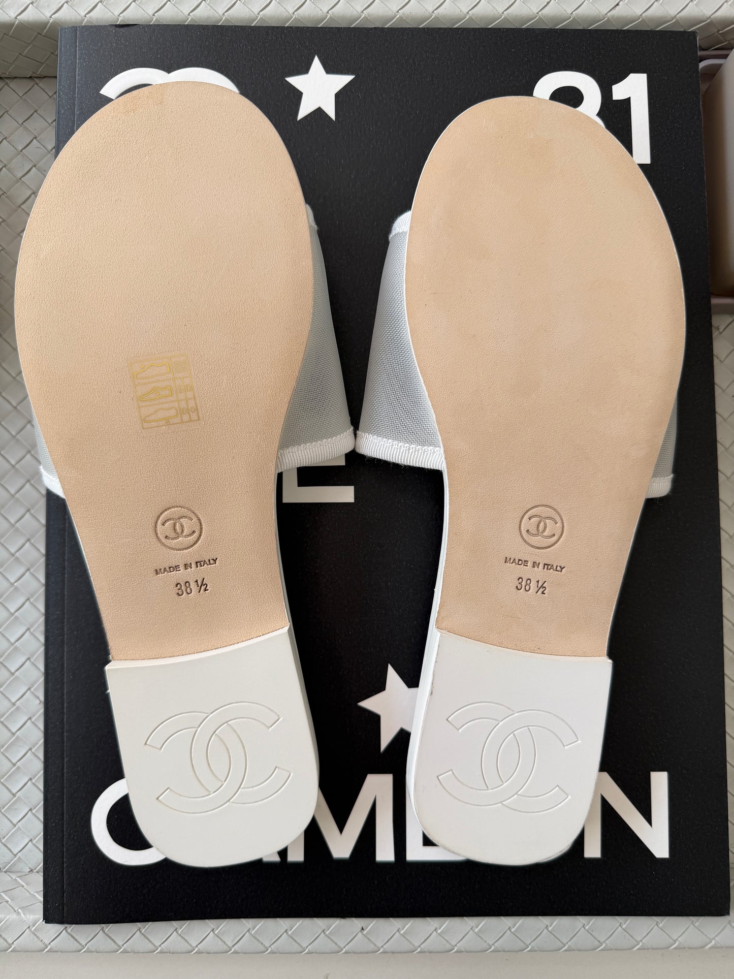 Chanel Blazy White Mesh Black Beads CC Logo Slides Sandals Mules Slide Flats