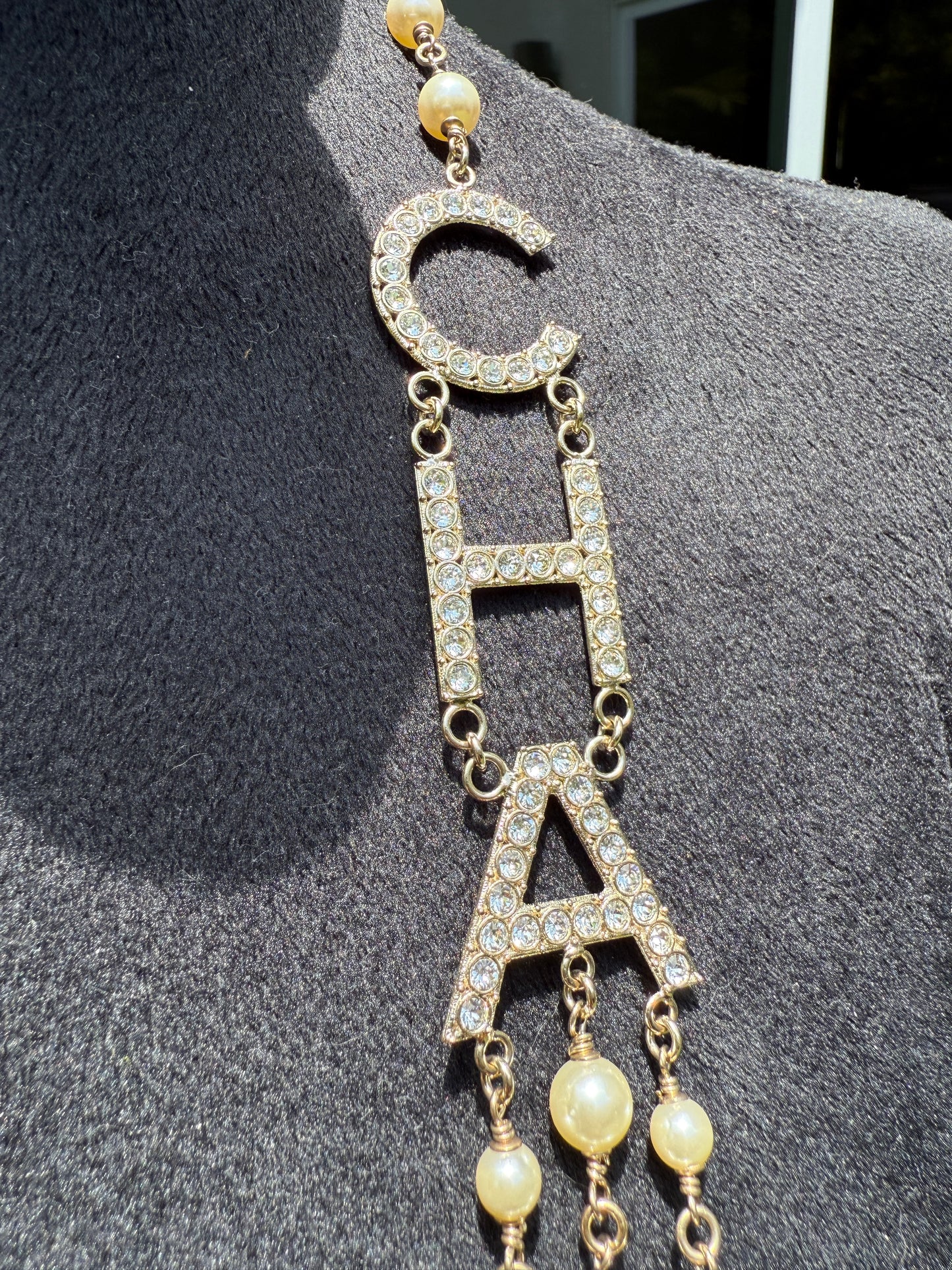 CHANEL 2019S GOLDEN TONE CHA NEL LETTERS LOGO WITH CRYSTALS PEARLS LONG NECKLACE